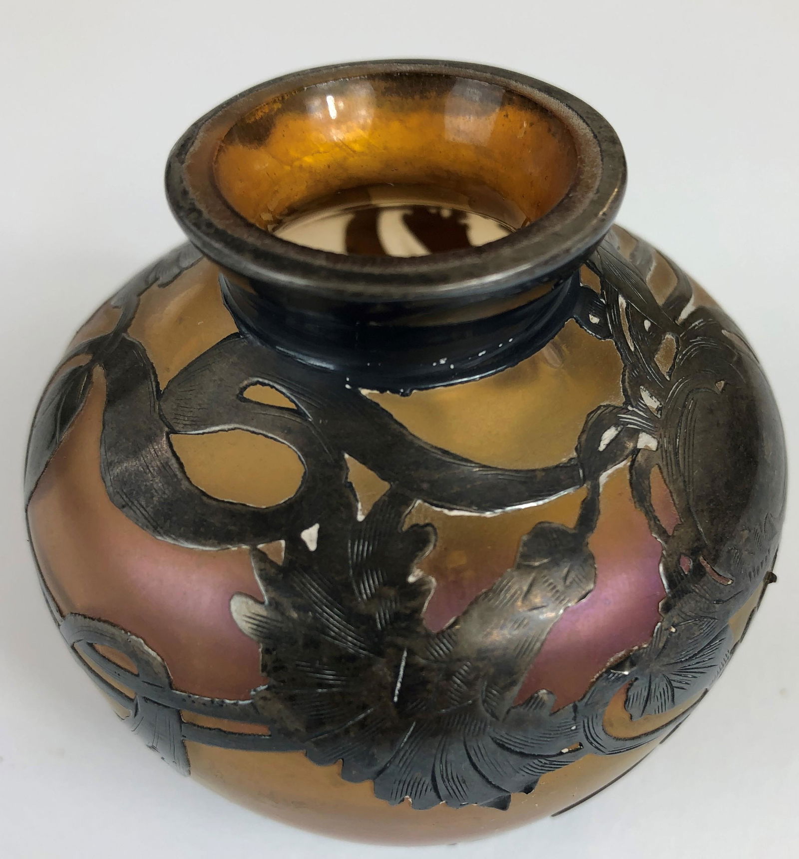 Loetz Style Glass and Metal Vessel: 2.7" ht.