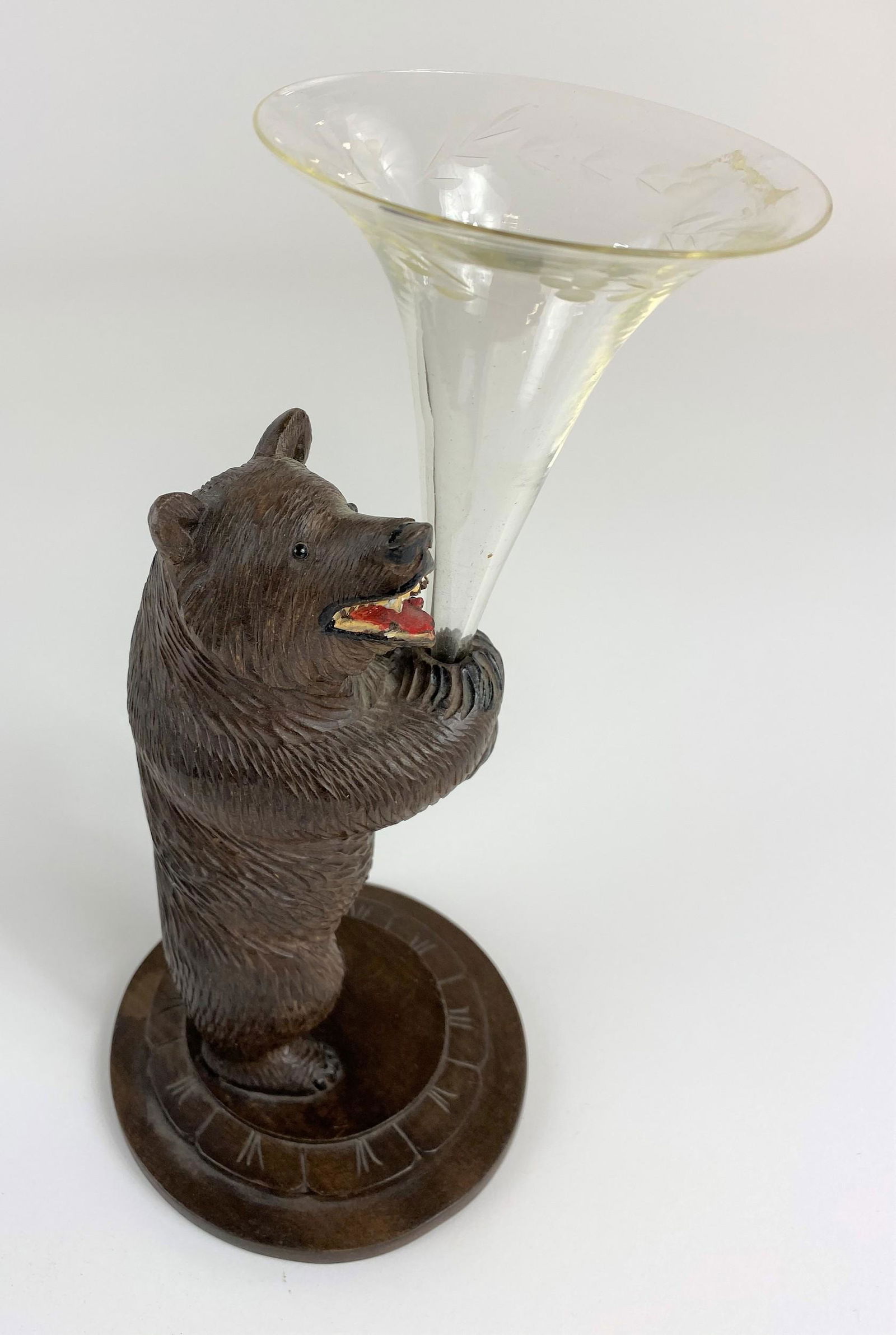 Carved Black Forest Bear Vase: Carved bear atop sundial wood vase holding etched glass shade; Height: 8"