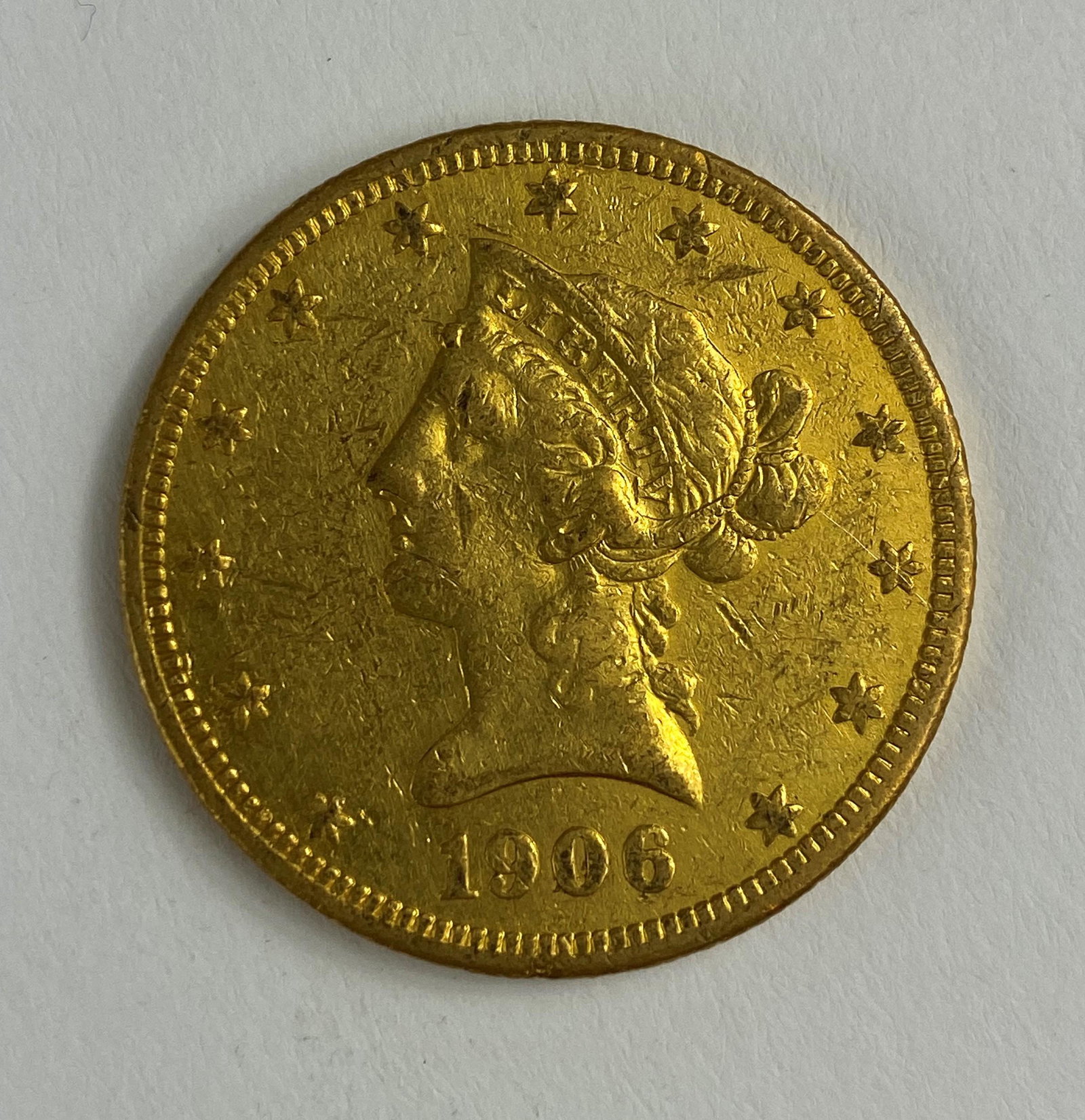 1906-S Ten Dollar Liberty Head Gold Coin: In old case.