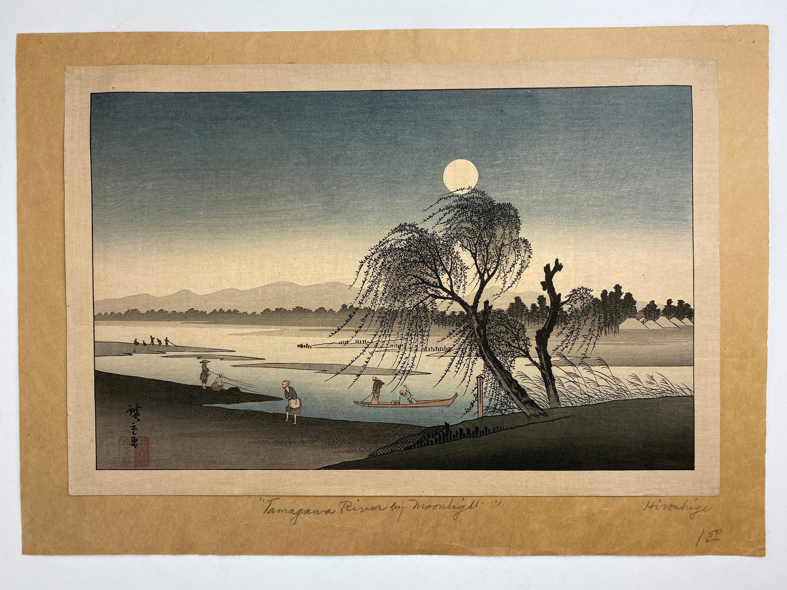 "Tamagawa River by Moonlight", Woodblock by Ando: "Tamagawa River by Moonlight", Woodblock by Ando Hiroshige