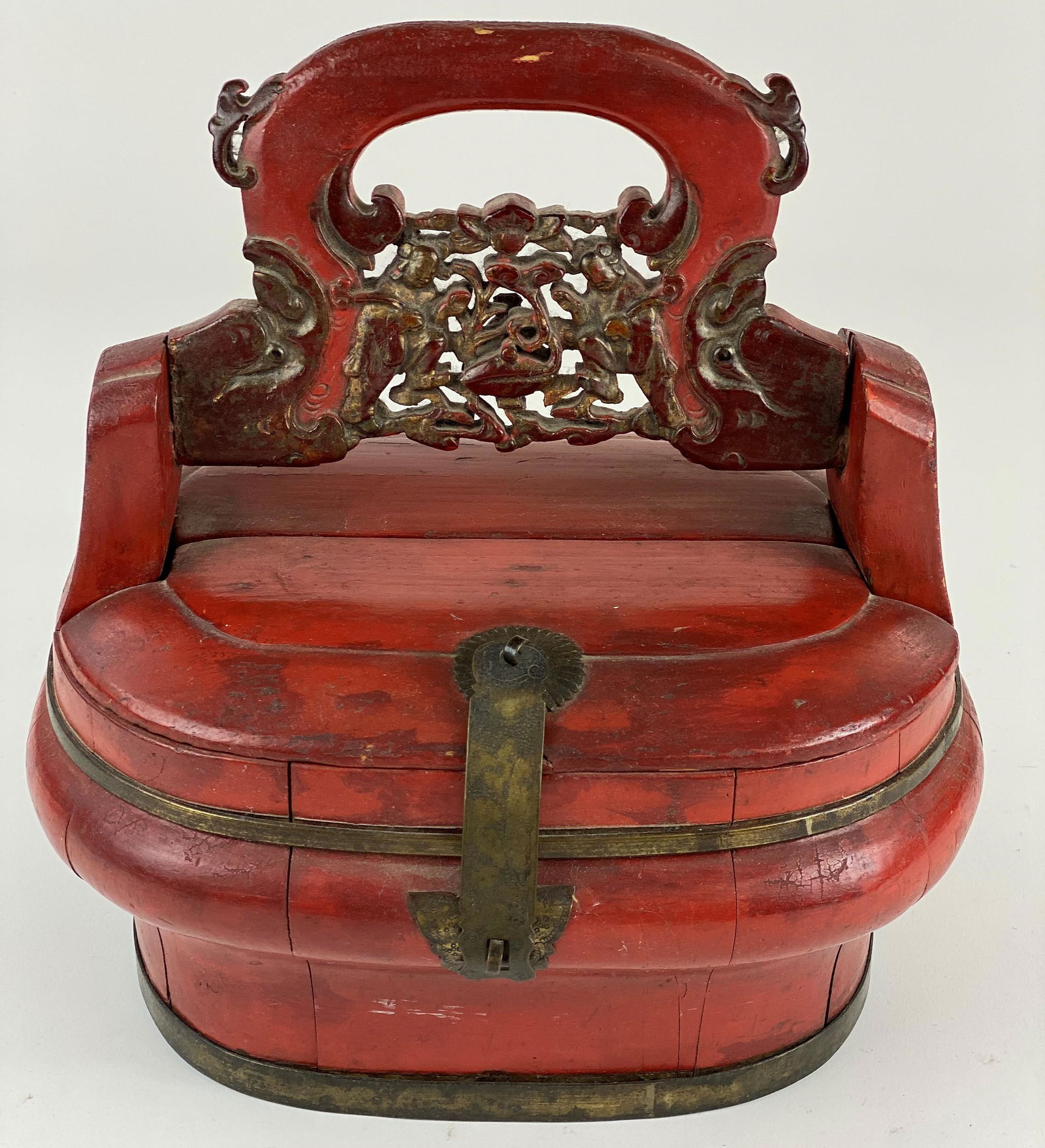 Japanese Lacquer Carrying Box: 20th century, a lacquered carrying box with carved handle; ht. 13"