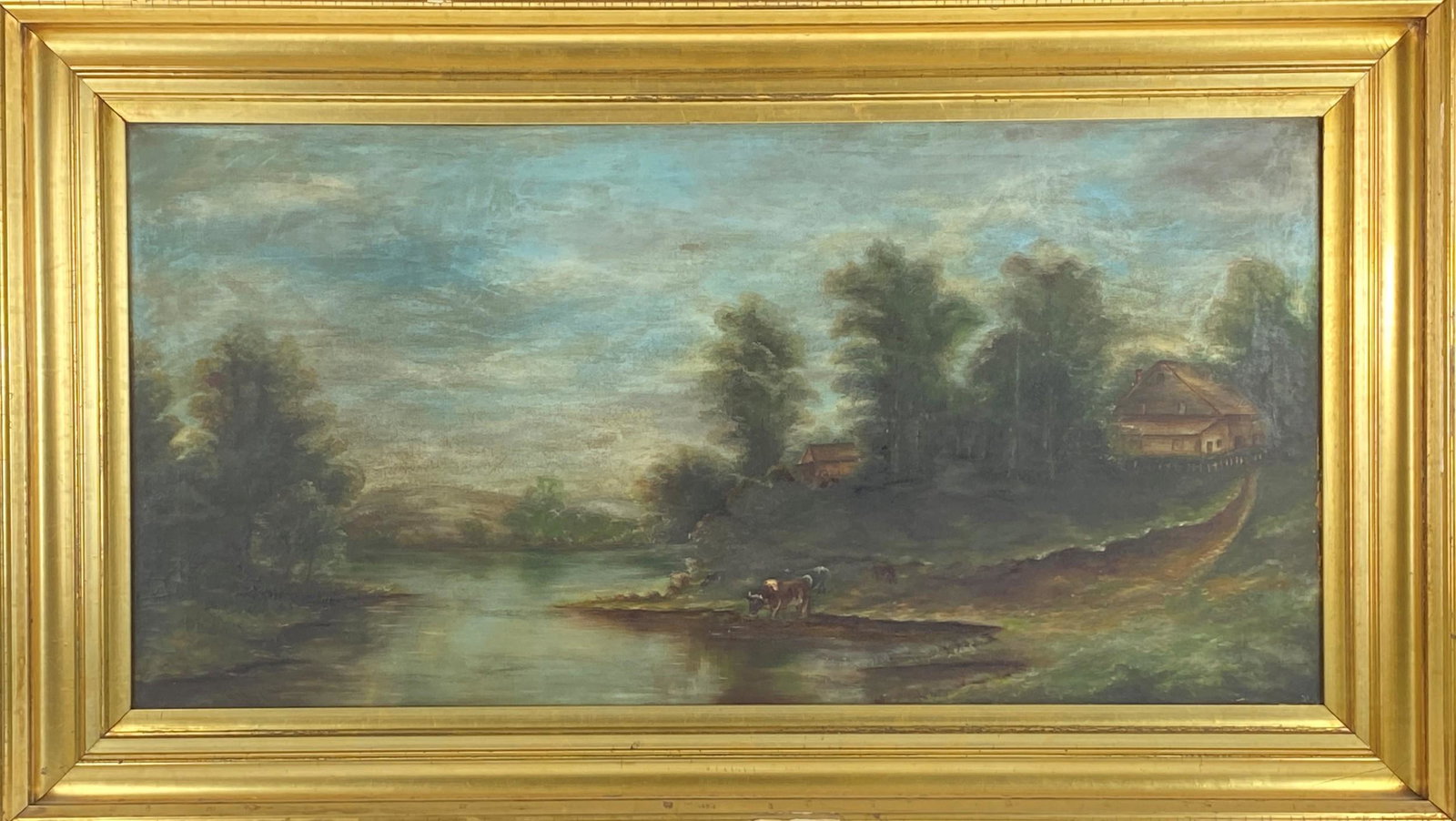 19th Century Pastoral Landscape by Hattie nee Knight: An oil on canvas, depicting cattle near a river, housed in the original lemon gilt frame. Unsigned, but descended in the consignor's family and executed by an ancestor, and completely untouched; 20" x