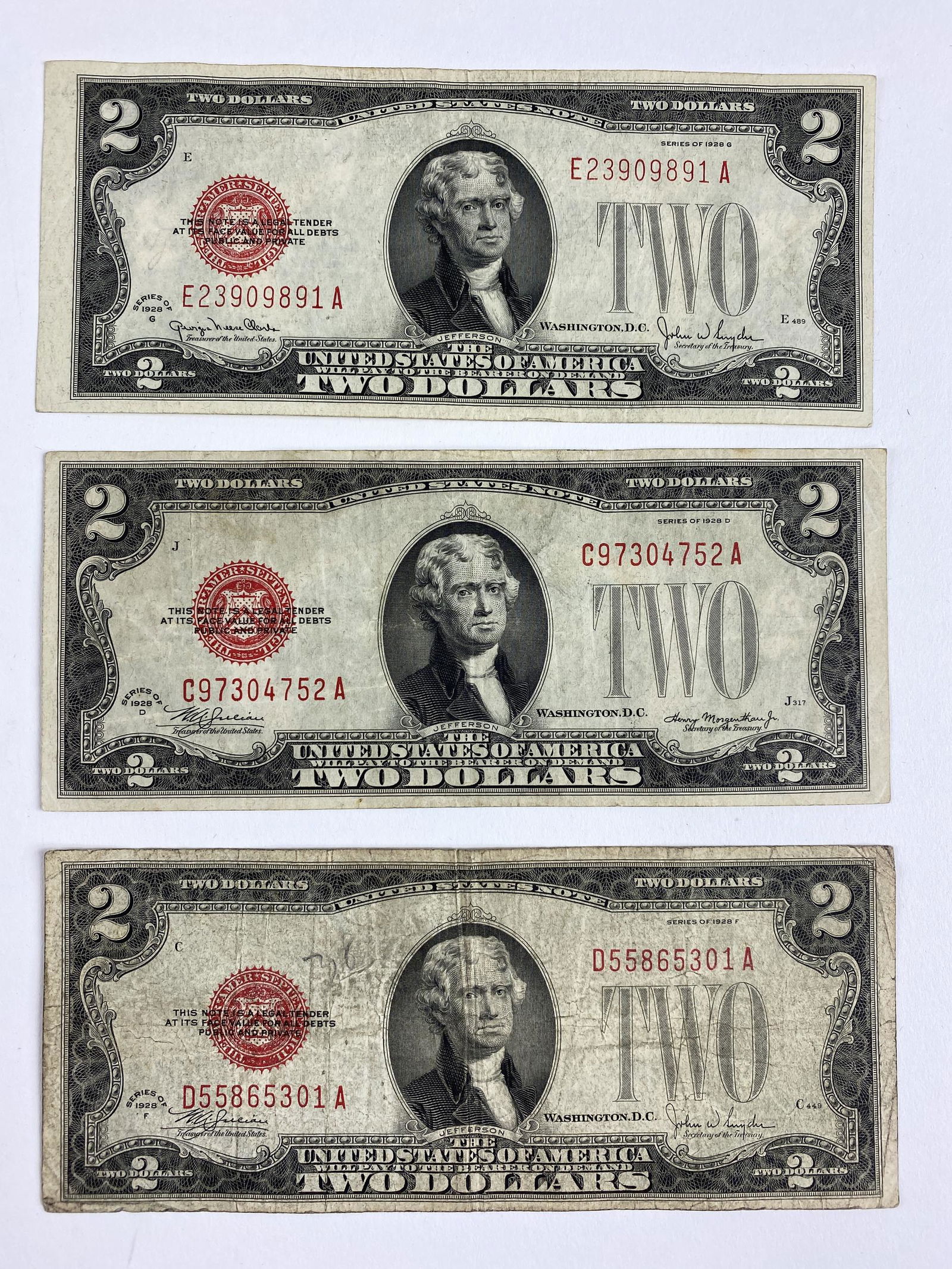 Three 1928 Two Dollar Bills with Large Red Seal (1 of 2)