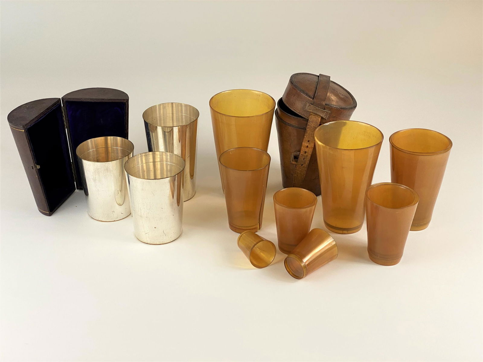 A Pair of Traveling Cup Sets, Horn and Silverplate (1 of 8)