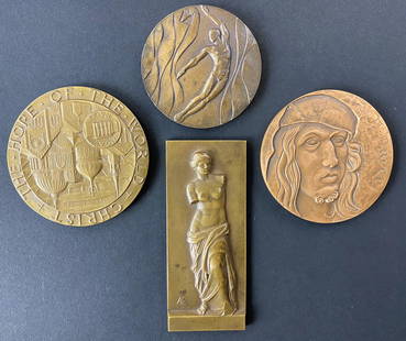 Four Commemorative Bronze Medals, Including Notable: A group of plaques, including an Albrecht Durer commemorative designed by Andre Bloc (1896-1966), A Russian 1975 example, a classical relief sculpture, monogrammed AB, and finally a commemorative meda