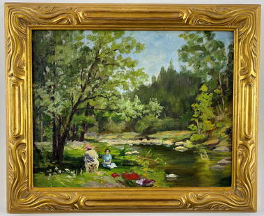 Attributed to Francis Hopkinson Smith (American,: Oil on academy board, depicting a leisurely outing among two women in a summer landscape near a brook, initialed on verso; 11" x 13.5" (sight), 14.5" x 17.5" (framed).