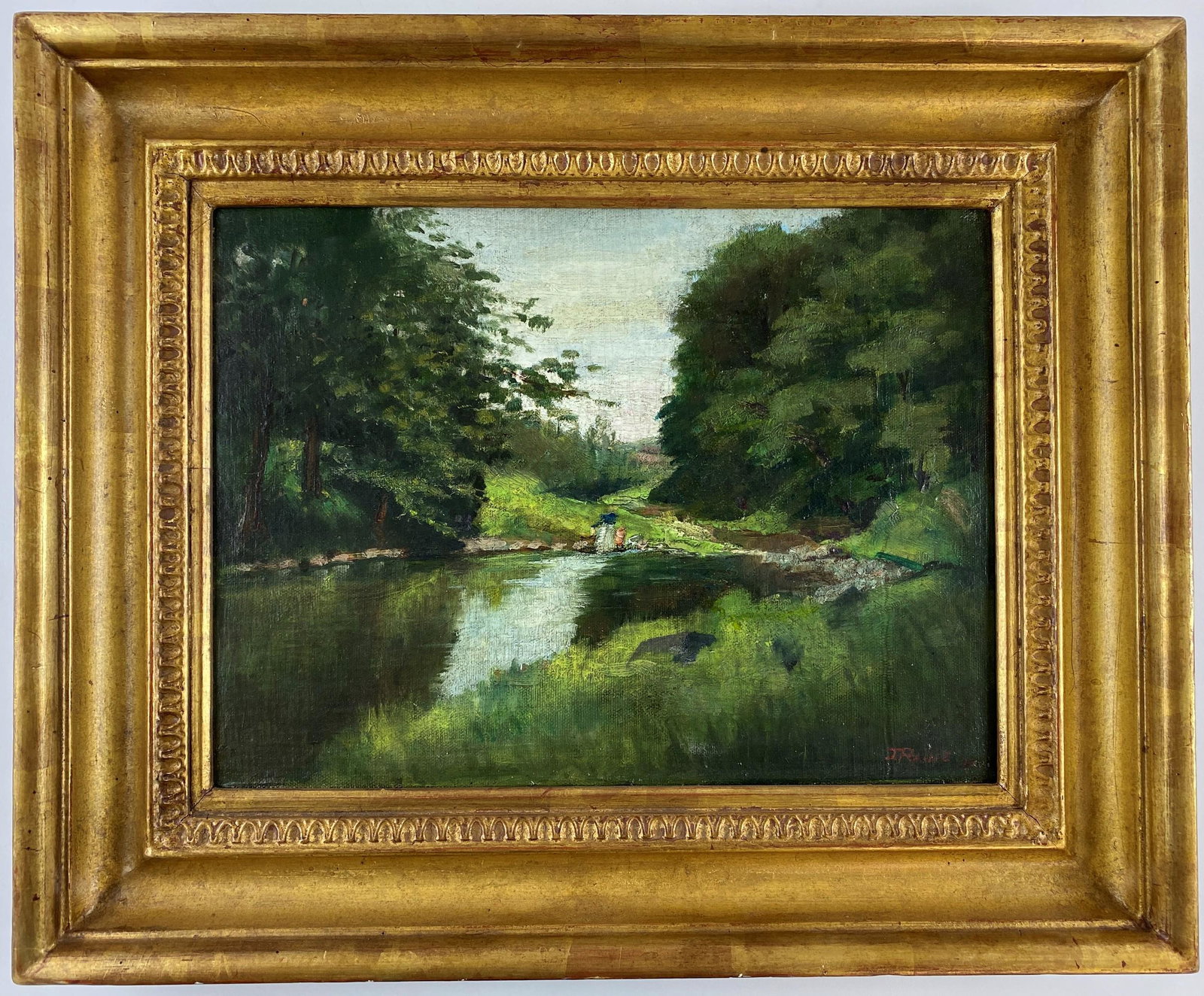 J. Raine Oil on Canvas, "Island Storm", 1872: An oil on canvas landscape, signed and dated 72 in l.r., depicting a brook in a loose manner by an obviously trained hand; 11.5" x 16" (sight), 18" x 22" (framed).