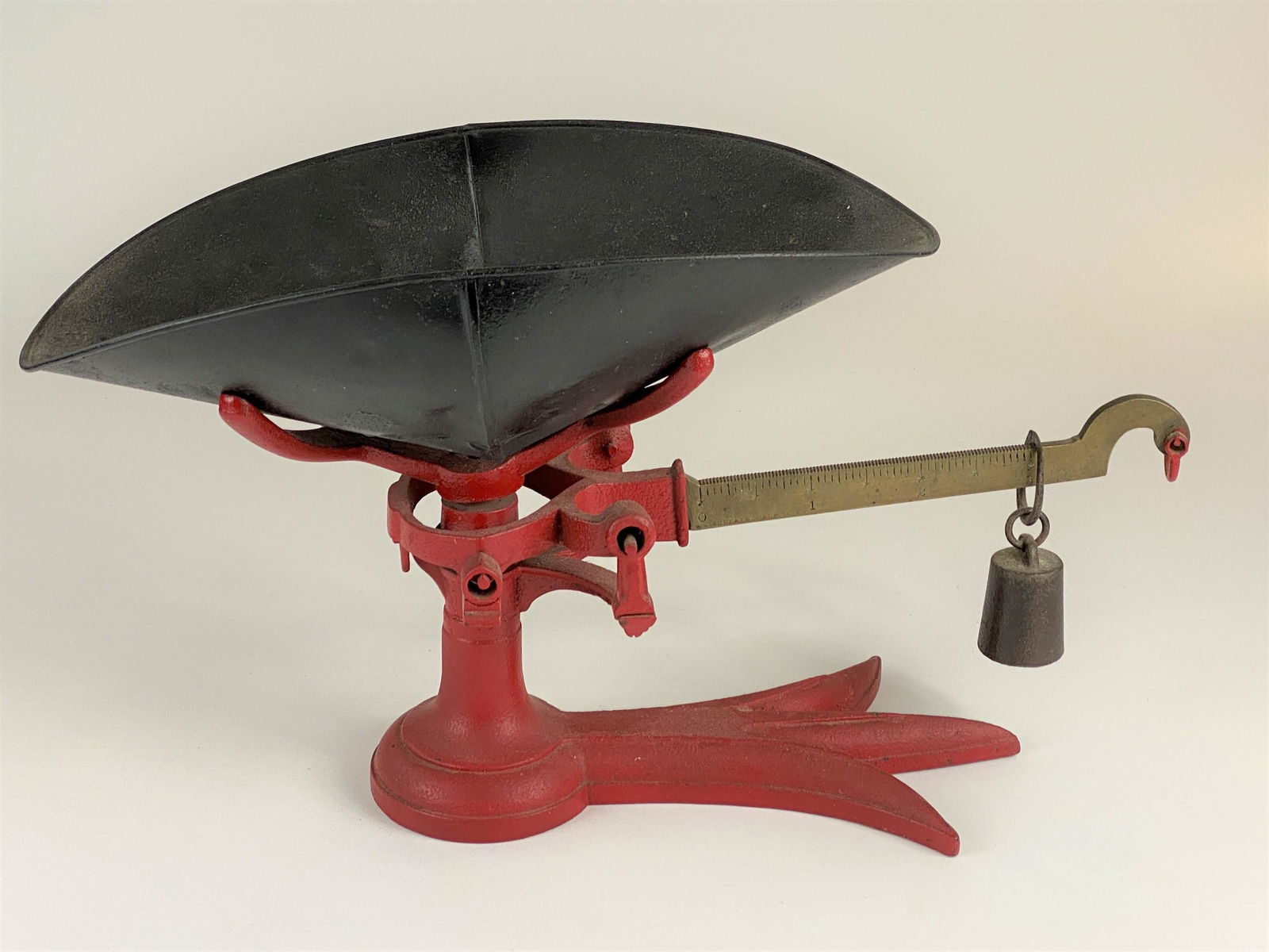 Red Painted Cast Iron Scale with Three Plumed Feet (1 of 3)