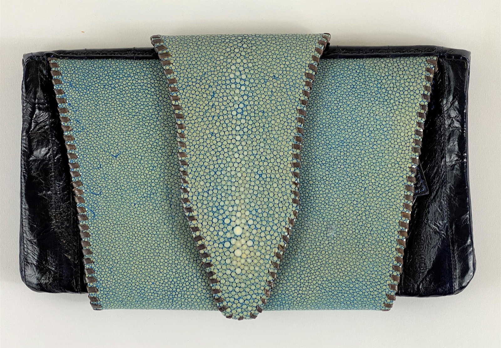 Shagreen Leather Clutch: A turquoise toned leather bag; 6.5" x 10".
