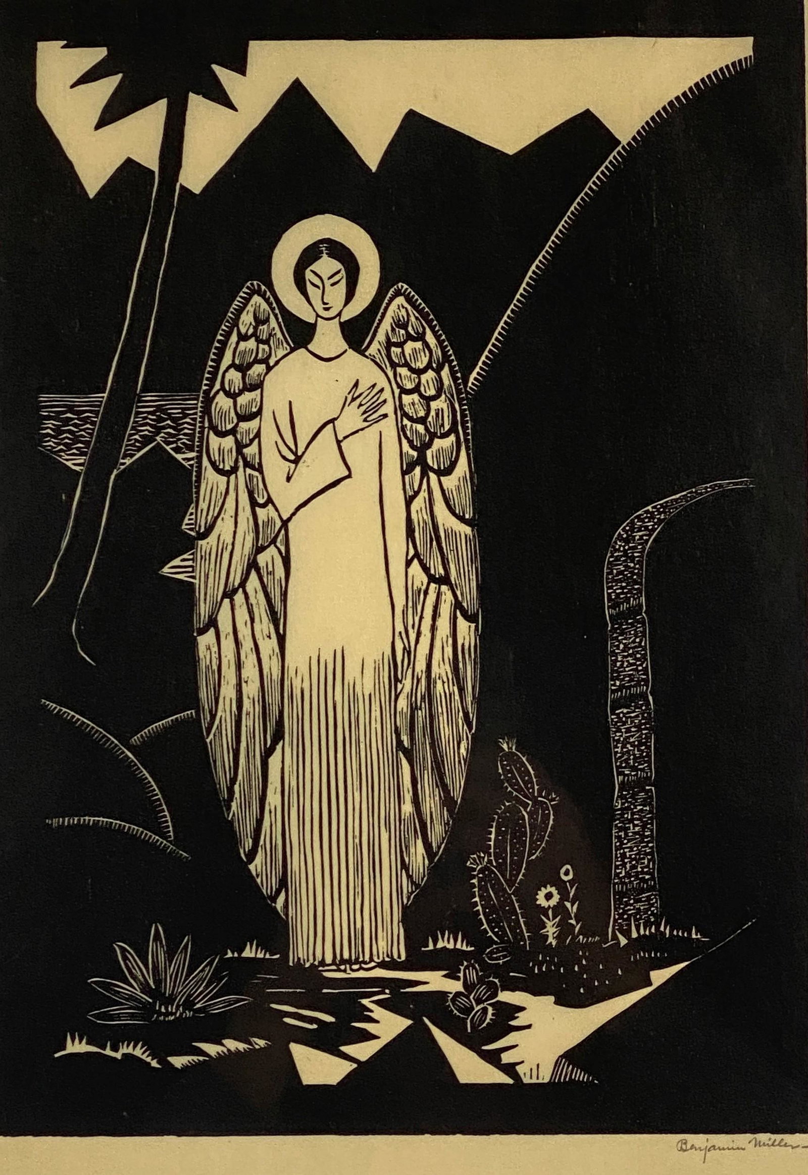 Woodcut by Benjamin Miller (Ohio, 1877-1964): A woodcut on paper of an angel, signed in graphite l.r. margin; 13.5" x 9.5" (sight), matted.
