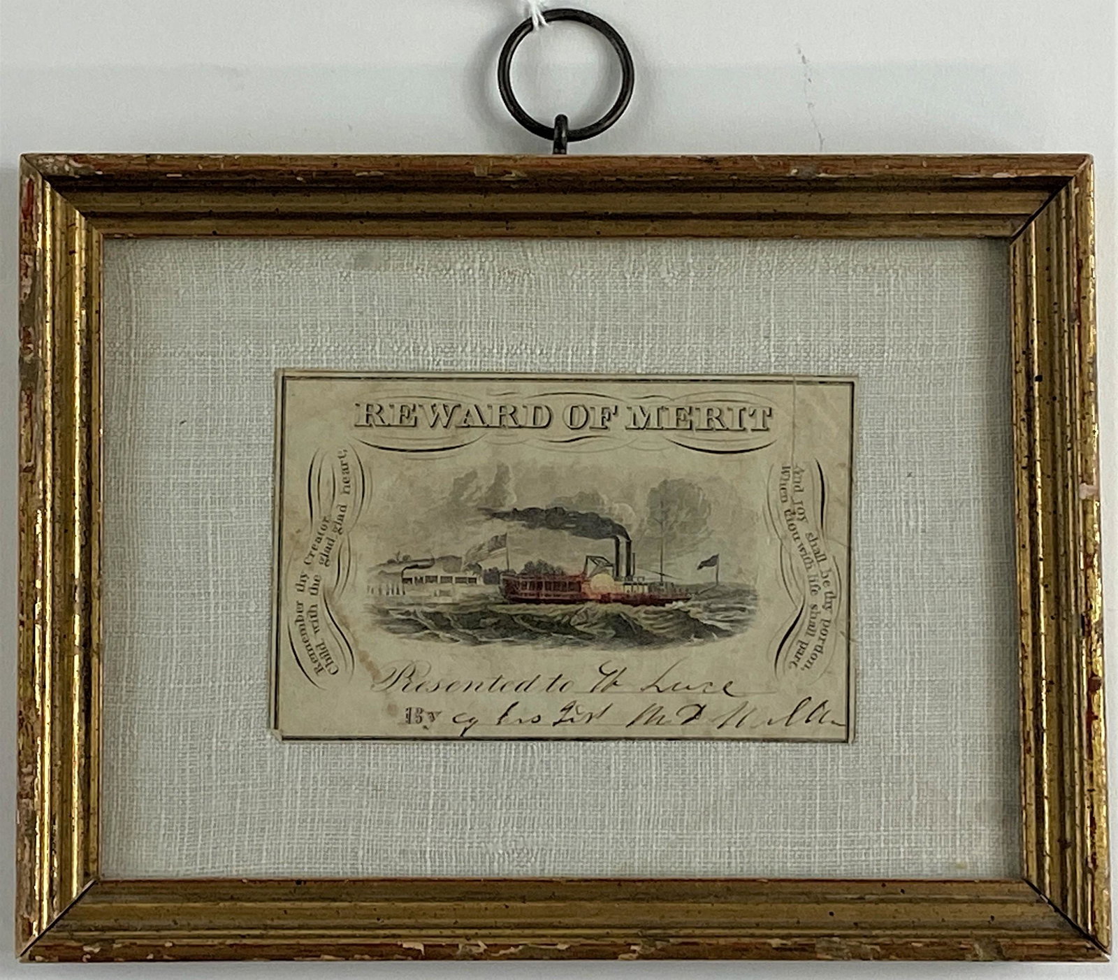 19th Century Engraved "Reward of Merit", Framed: American, an inscribed Reward of Merit, with hand colored engraving depicting a ship and inscribed to lower, nicely framed; 5" x 7" (framed). Ex Collection of Jane Sikes Hageman, Cincinnati, OH author