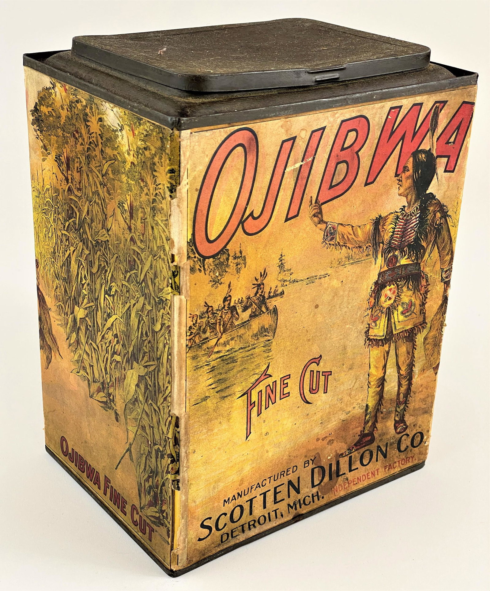 Ojibwa Fine Cut Tobacco Canister: A tin canister for Ojibwa Fine Cut Tobacco, Scotten Dillon Co., Detroit, Michigan, with chromo transfer printed paper covered label; ht. 11".