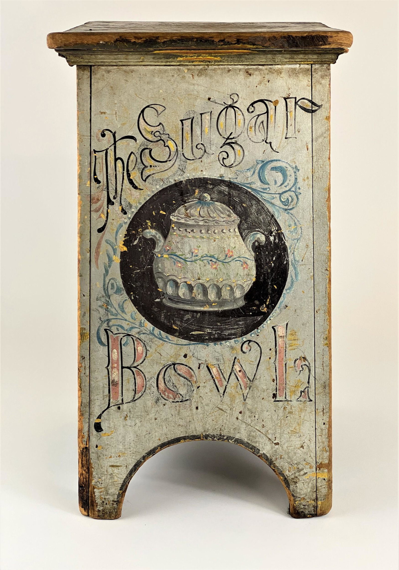 "The Sugar Bowl" Folk Painted Country Store Stool with: With elaborate script on old paint for the "The Sugar Bowl" in old grey paint to three sides, also with "Fine Cigars" and "Fine Candies" inscribed on separate sides. Signed by the presumed sign painte