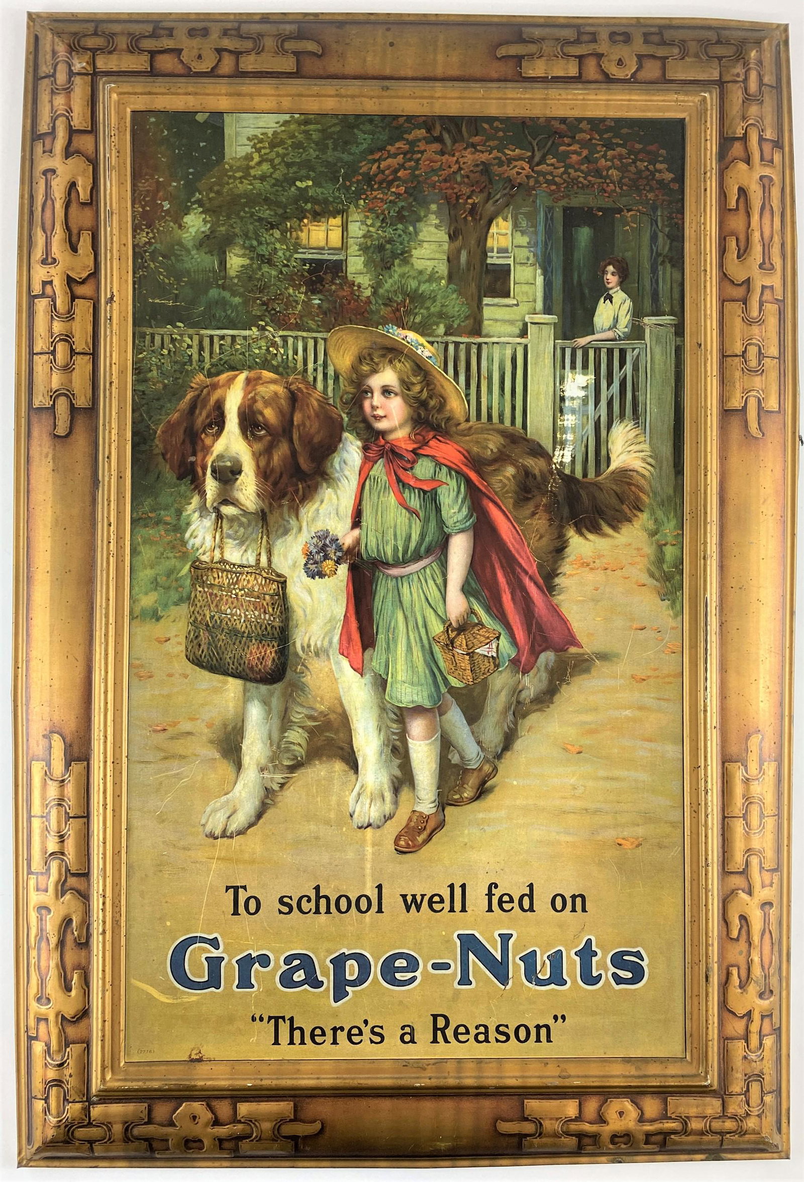 Grape Nuts Framed Tin Lithograph Advertising Sign: A wonderfully preserved Grape Nuts advertising sign showing a girl embarking on a day with her St Bernard dog at side; 30.5" ht. x 21.5" wd.