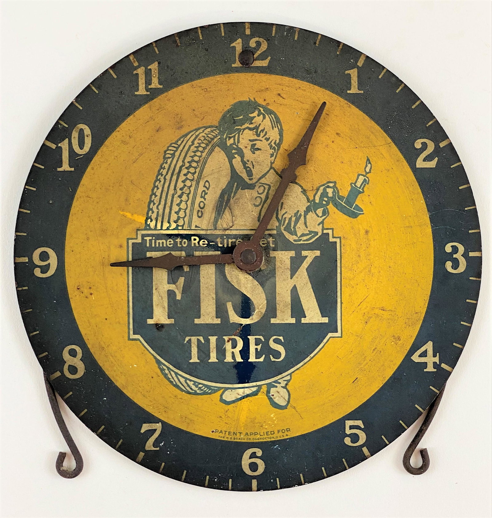 Rare Fisk Tires "Will Return" Clock Sign: A rare and well-preserved "will return" clock advertisement from Fisk Tires, circa 1920. Many examples of Fisk Tires advertisements surface regularly however this item appears uncommon. The clock can