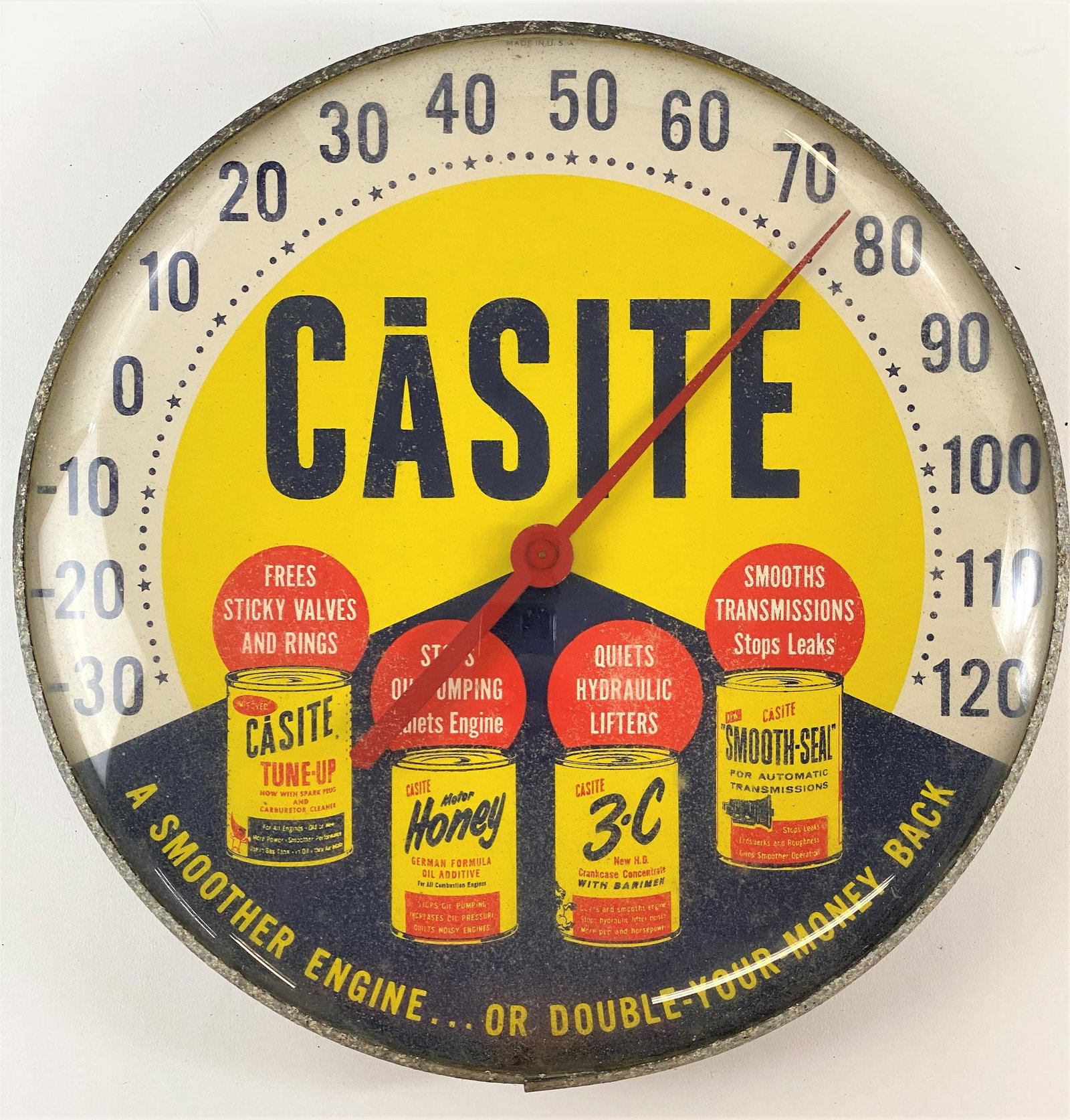 Rare Casite Advertising Thermometer: A dial thermometer for Casite engine oil; 12" diameter.