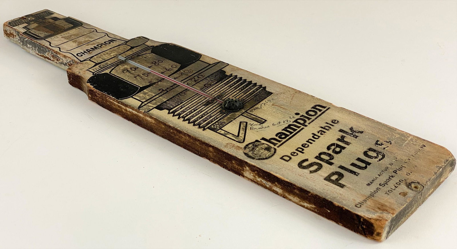 Champion Spark Plug Wooden Thermometer Advertising Sign: Wooden sign with functioning thermometer to promote Champion Spark Plug Company, Toledo Ohio; ht. 21"