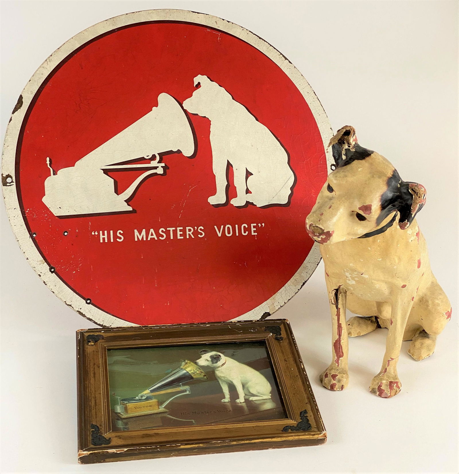"His Master's Voice" Nipper Display Dog, Sign and: A group of RCA ephemera, including dog in papier maché, a circular sign, and a lithograph with RCA dog and Victor machine; largest dog, ht. 14".