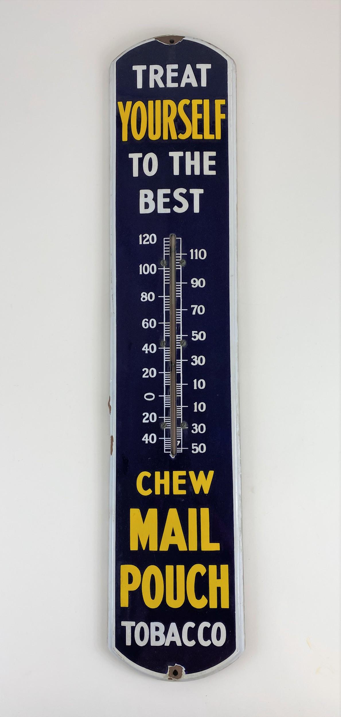 Chew Mail Pouch Tobacco Porcelain Thermometer: An excellent example of this thermometer from Mail Pouch Tobacco. Thermometer is in working condition, and shows excellent color & gloss, with minimal surface scratches in the field. The two mounting