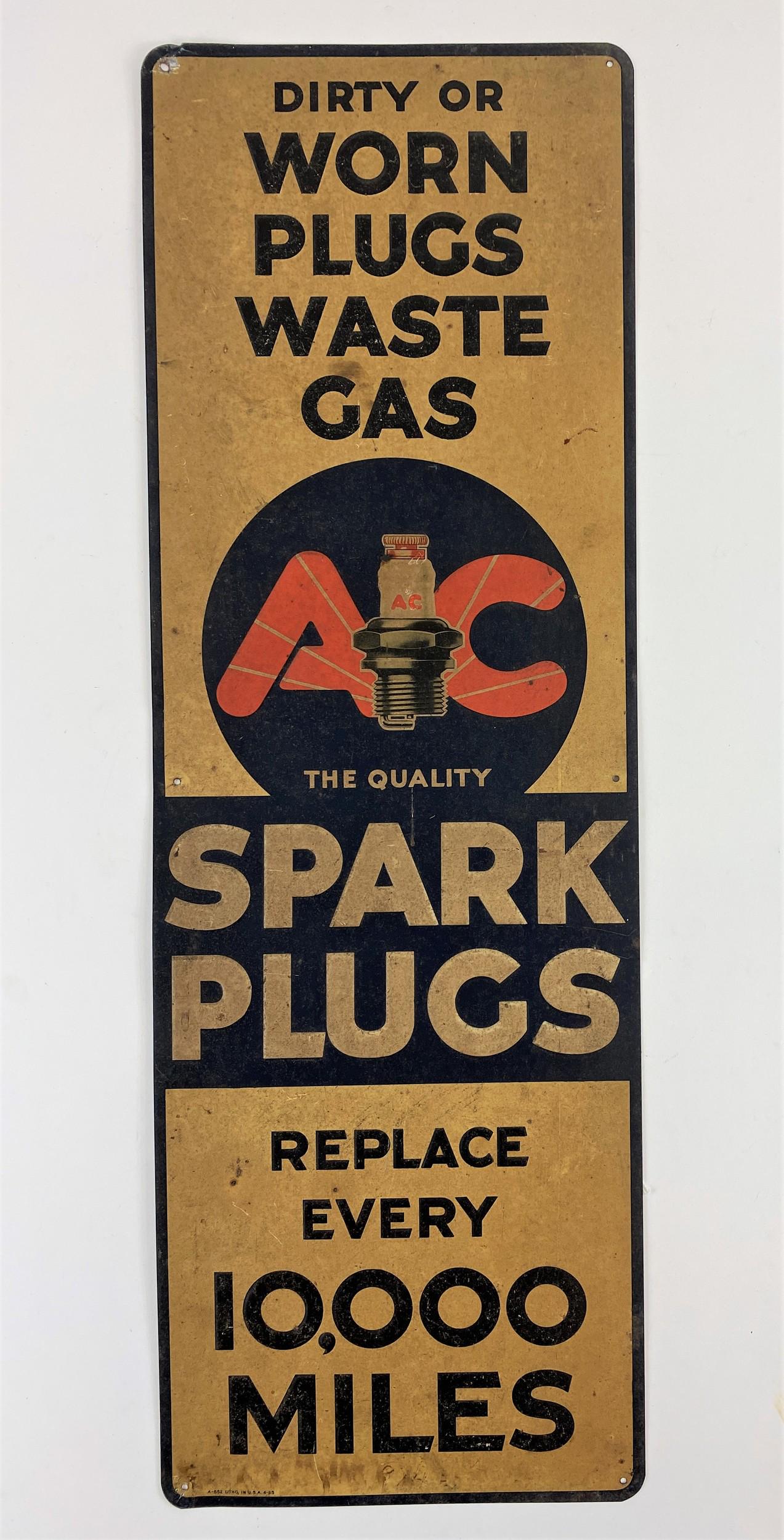 AC Spark Plugs Embossed Advertising Sign: 30" ht. x 10" wd.