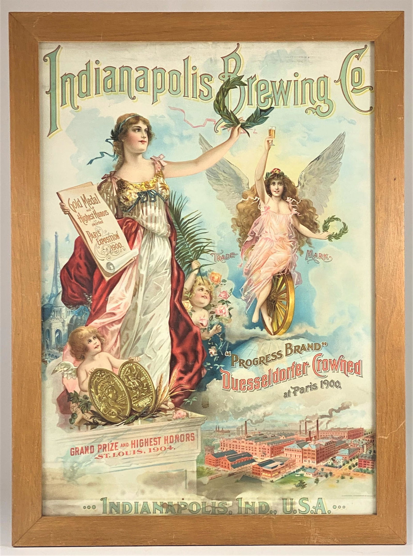 1904 Indianpolis Brewing Company Advertising: A wonderful and rare advertising sign for the Indianapolis Brewing Company, listing the many awards and accolades bestowed upon the brewer including being named a "Progress Brand" in Paris in 1900 and