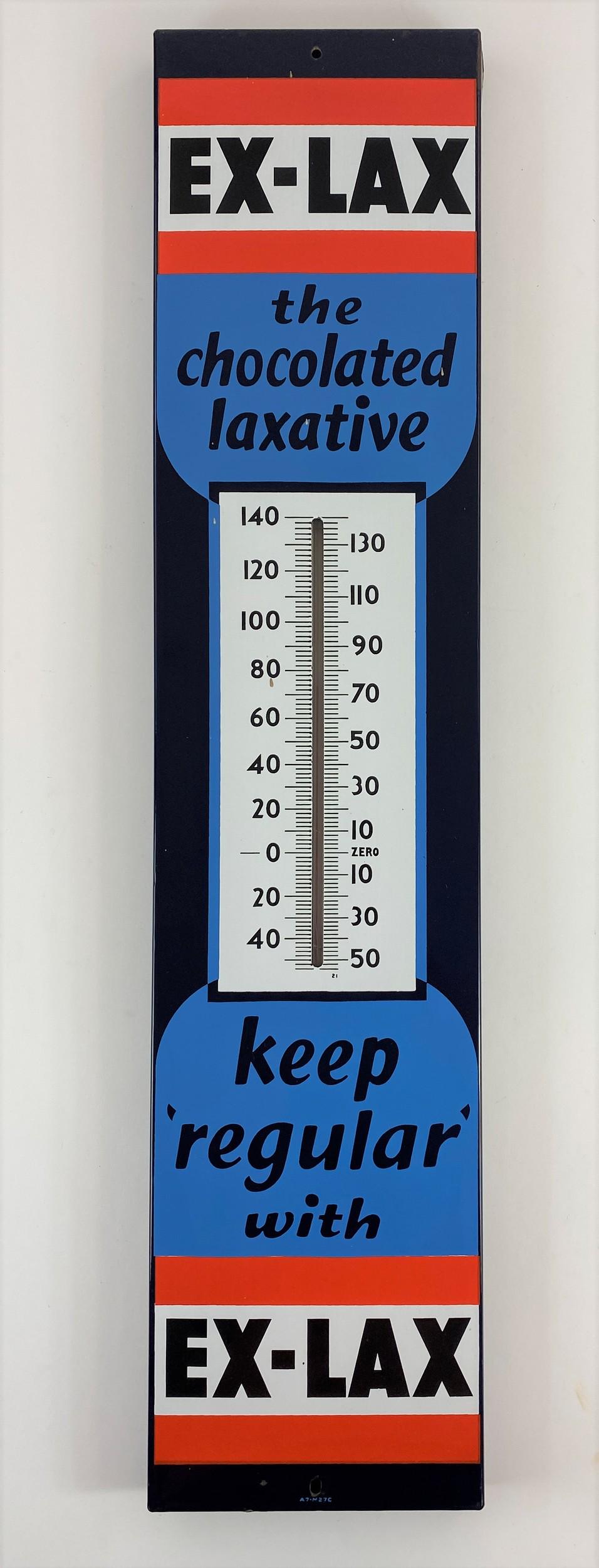 Ex-Lax Porcelain Thermometer: With retained labels on verso; 36" ht. x 8" wd.