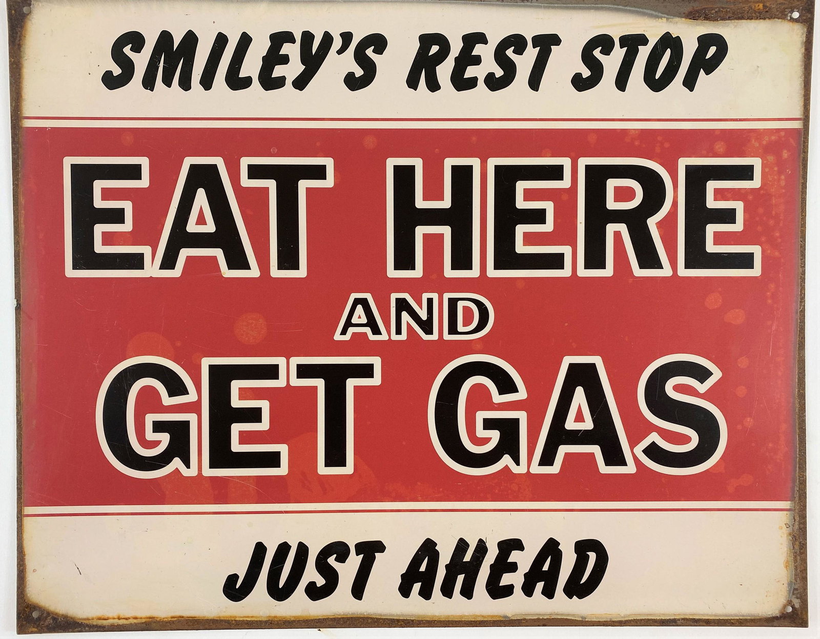 Smiley's Rest Stop Gas and Food Tin Advertising Sign: 12" ht. x 15" wd.