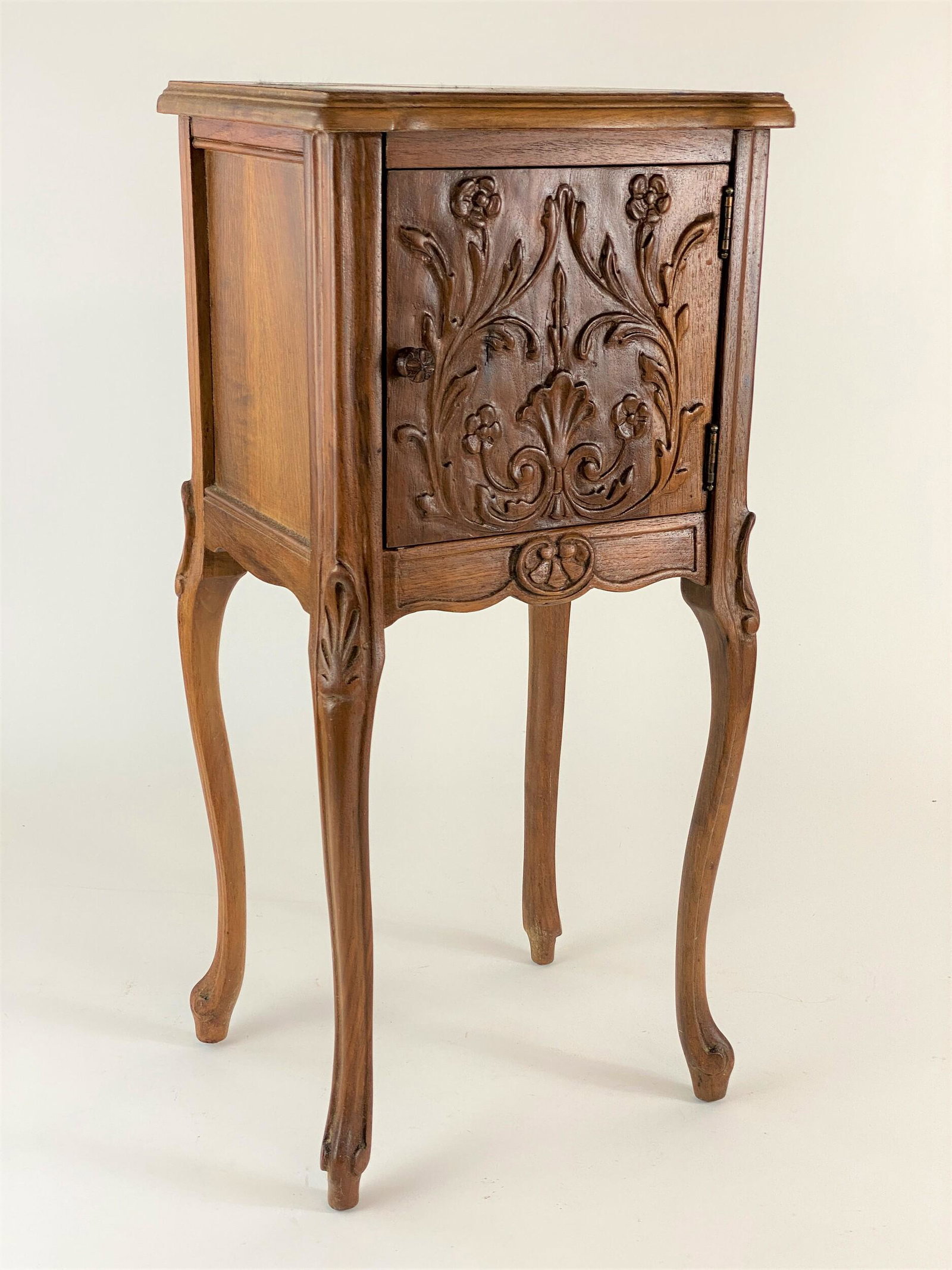 Carved Humidor Table: A floral carved table, with lined interior for tobacco; ht. 28".