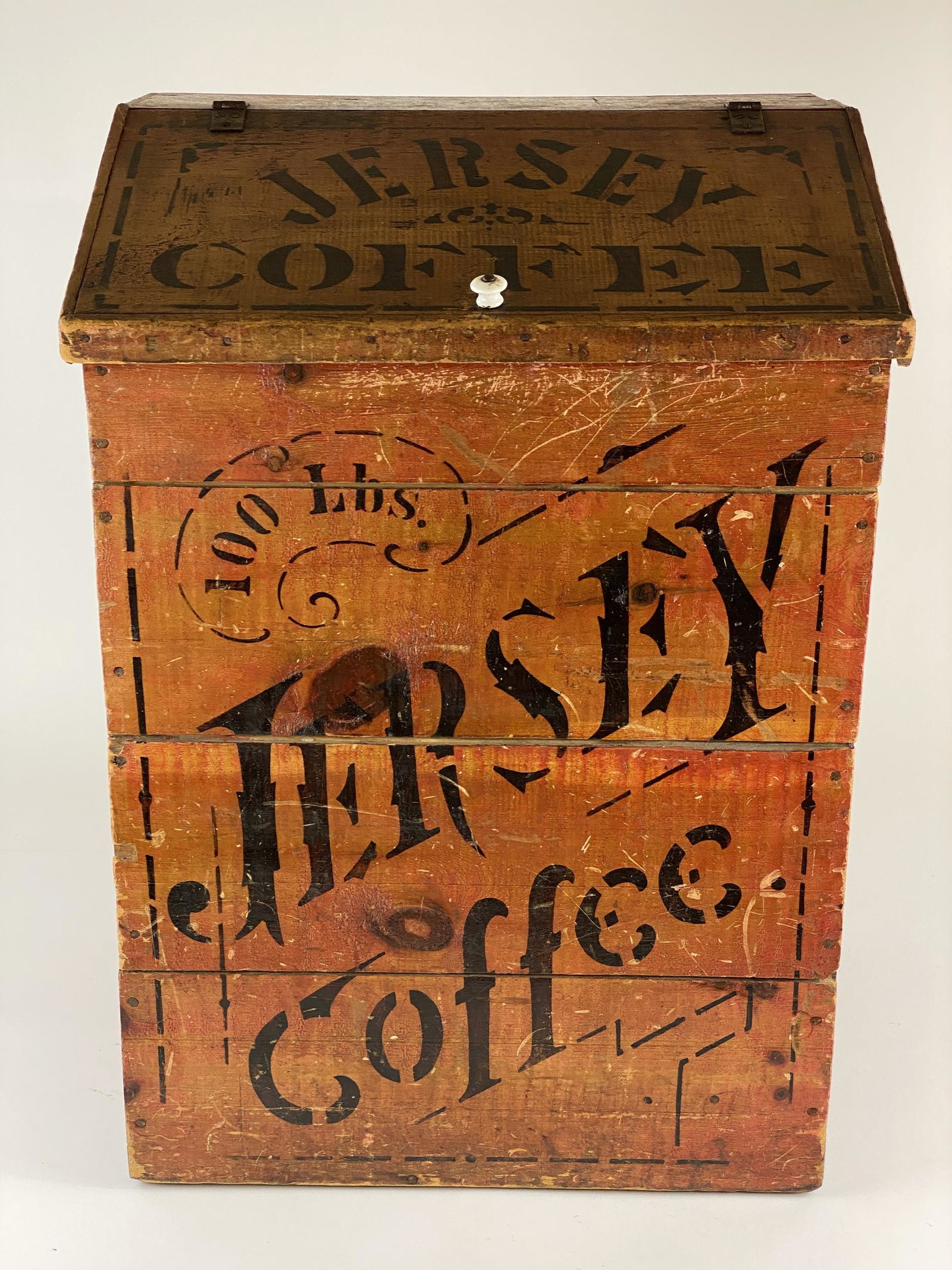 "100 Lbs., Jersey Coffee" Painted Bin: A Jersey Coffee bin in original paint surface, with porcelain pull and iron hinges; ht. 32".
