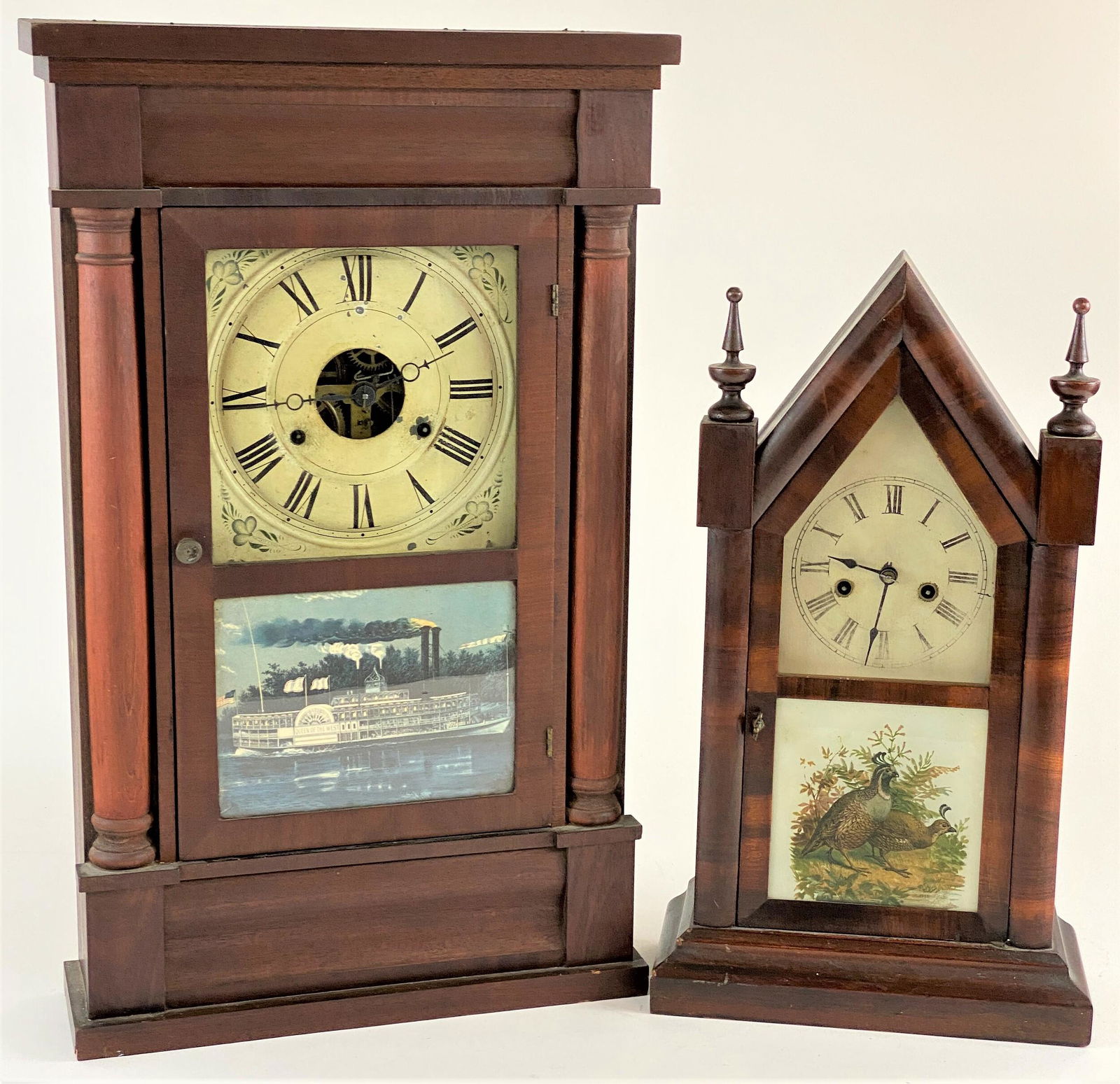 Pair of Antique Shelf Clocks: Including one Seth Thomas clock with original dial and steamship chromolithograph to glass, Seth Thomas label to interior, and another steeple clock; ht. of tallest 25".