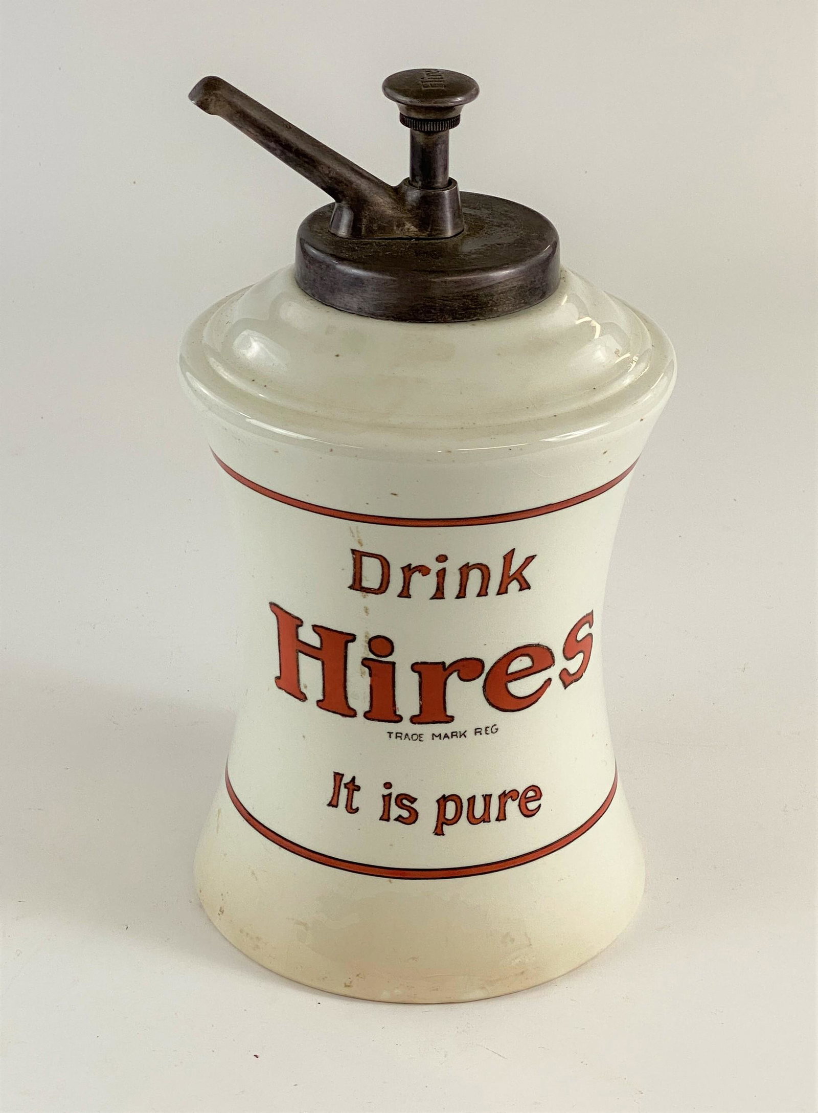 Drink Hires Root Beer Porcelain Syrup Dispenser: With original pump; 14" ht.