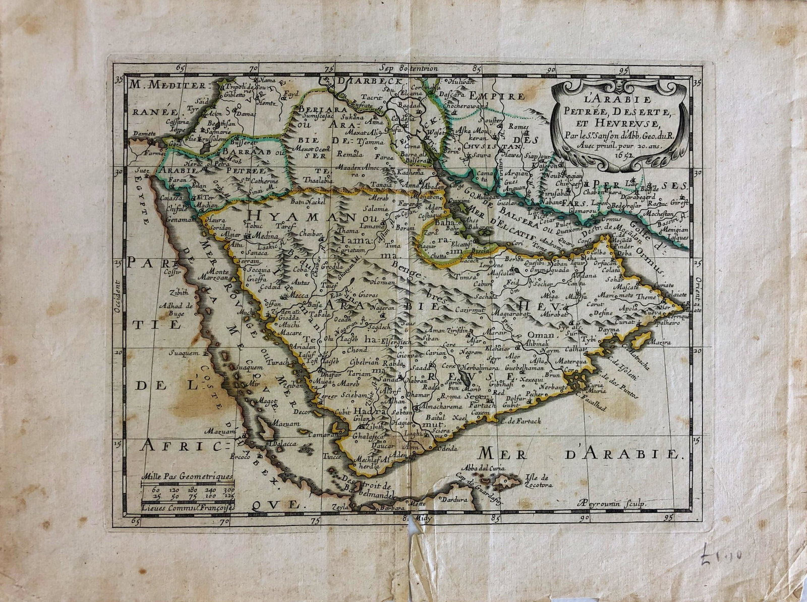1652 Map of Arabia: L'Arabie, Petree, Deserte, et: Detailed map on laid paper centered on the Arabian Peninsula. Engraving with hand coloring. 10" ht. x 13" wd. central vertical fold with small tear. Not framed.