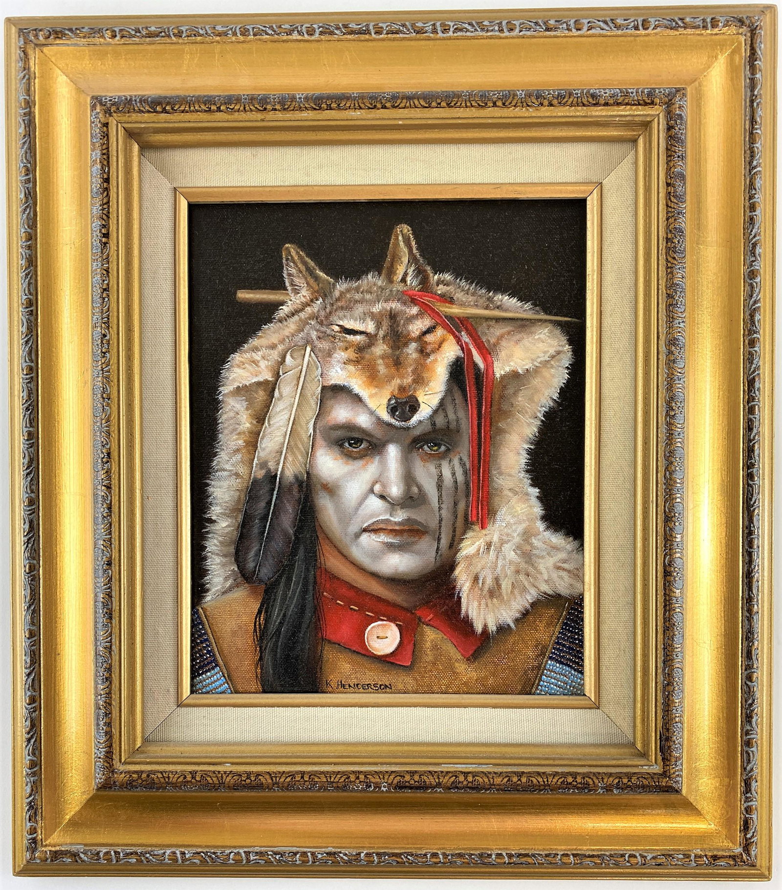 "Prairie Song" by K. Henderson, Oil on Canvas: Oil on canvas by K. (Kathleen) Henderson (American, b. 1963), depicting figure in full garb, replete with wolf cap and feathers. Titled and again signed on verso, and signed l.c.; 9.5" ht. x 7.5" wd.(