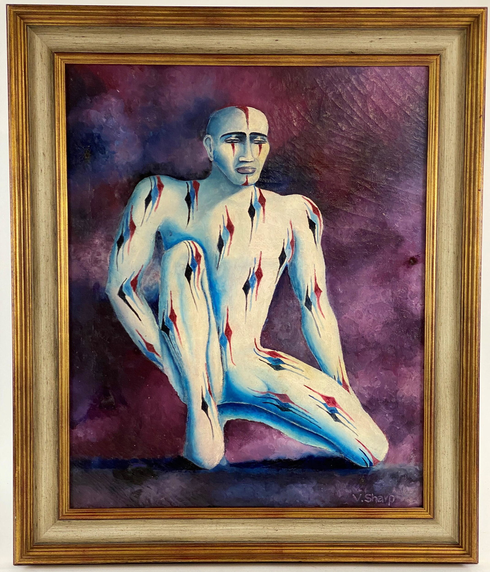 Valentine Sharp (unknown), Clown Painting: Oil on canvas of a seated clown ornately costumed, signed "V. Sharp" in the LR corner and inscribed on verso "Valentine Sharp Calif."; 26.5" ht. x 21.25 wd. (sight); 33" ht. x 28" wd. (framed).