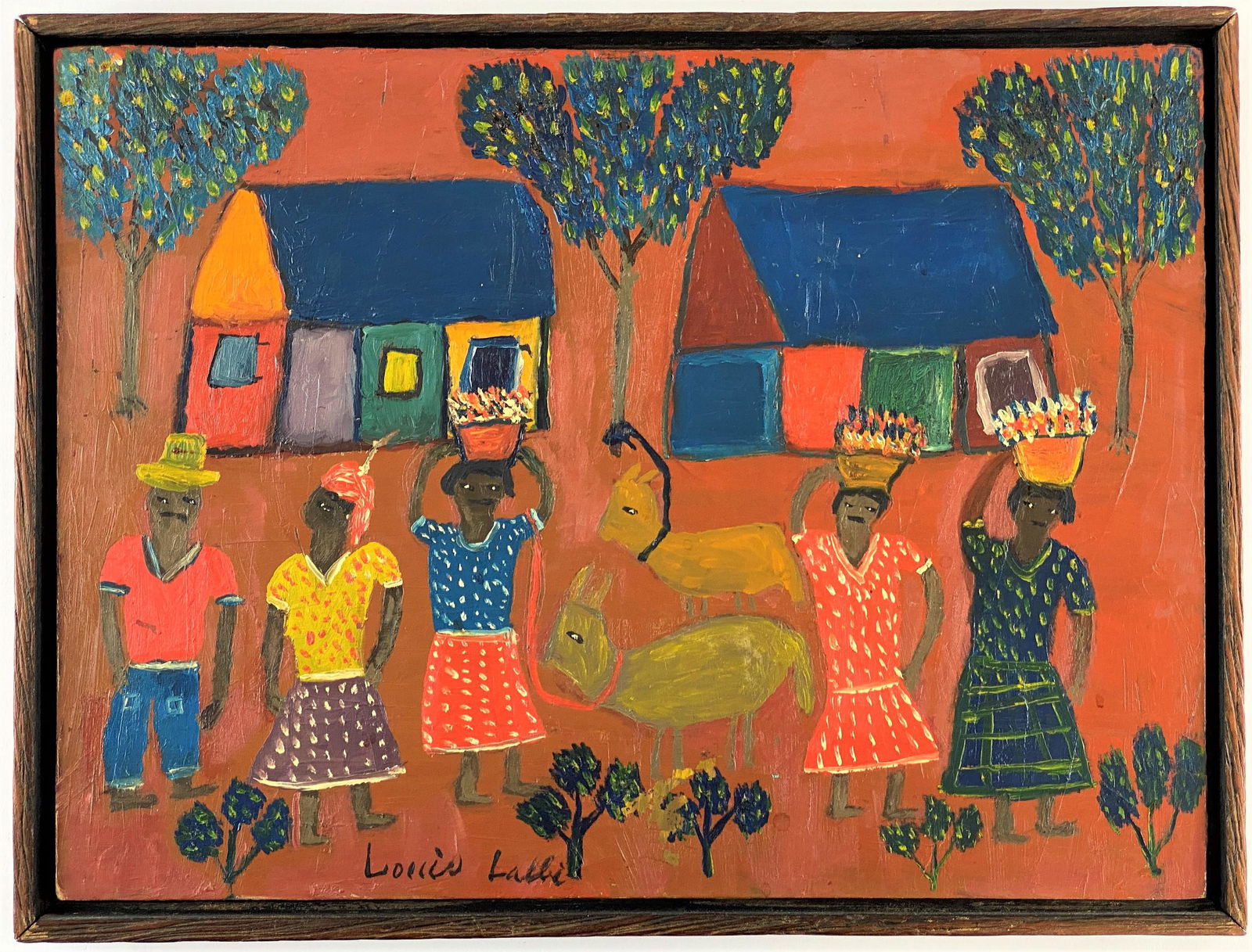 20th Century Folk Art Painting with Farmers: Mid-20th century, oil on masonite, depicting a group of figures in vibrant tones, signed "Louis La..." in lower center; 12" ht. x 16" wd. (sight).