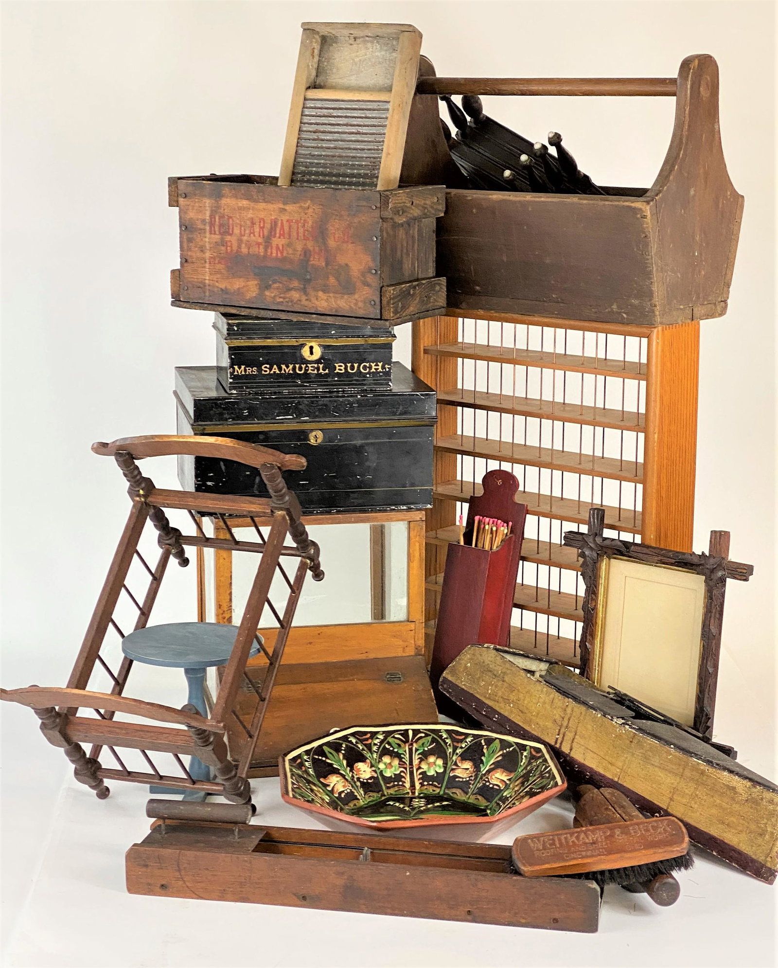 Large Lot of Country Americana- Furniture, Kitchen, and: A large lot of diminutive furniture and country Americana, including the following: a wooden boat model in old paint, an adjustable hat rack, a roller, a store crate from a vegetable cutter, a hanging