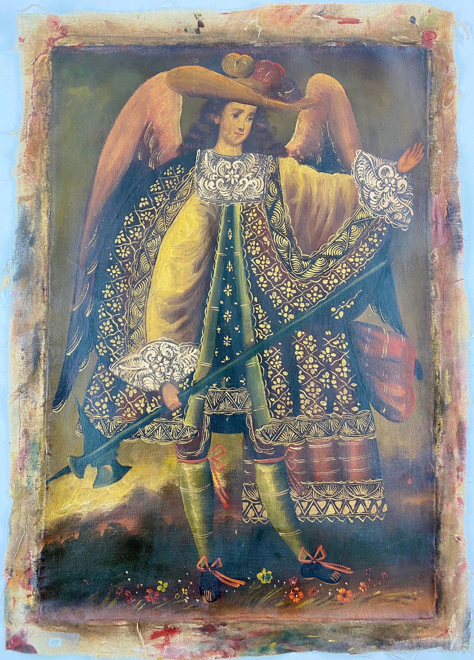 Antique Retablo Painting on Canvas: Early 20th century or late 19th century, an unframed depiction of a lone figure with axe, wax export seal stamped to upper right; 26" ht. x 18.5" wd. (canvas size).
