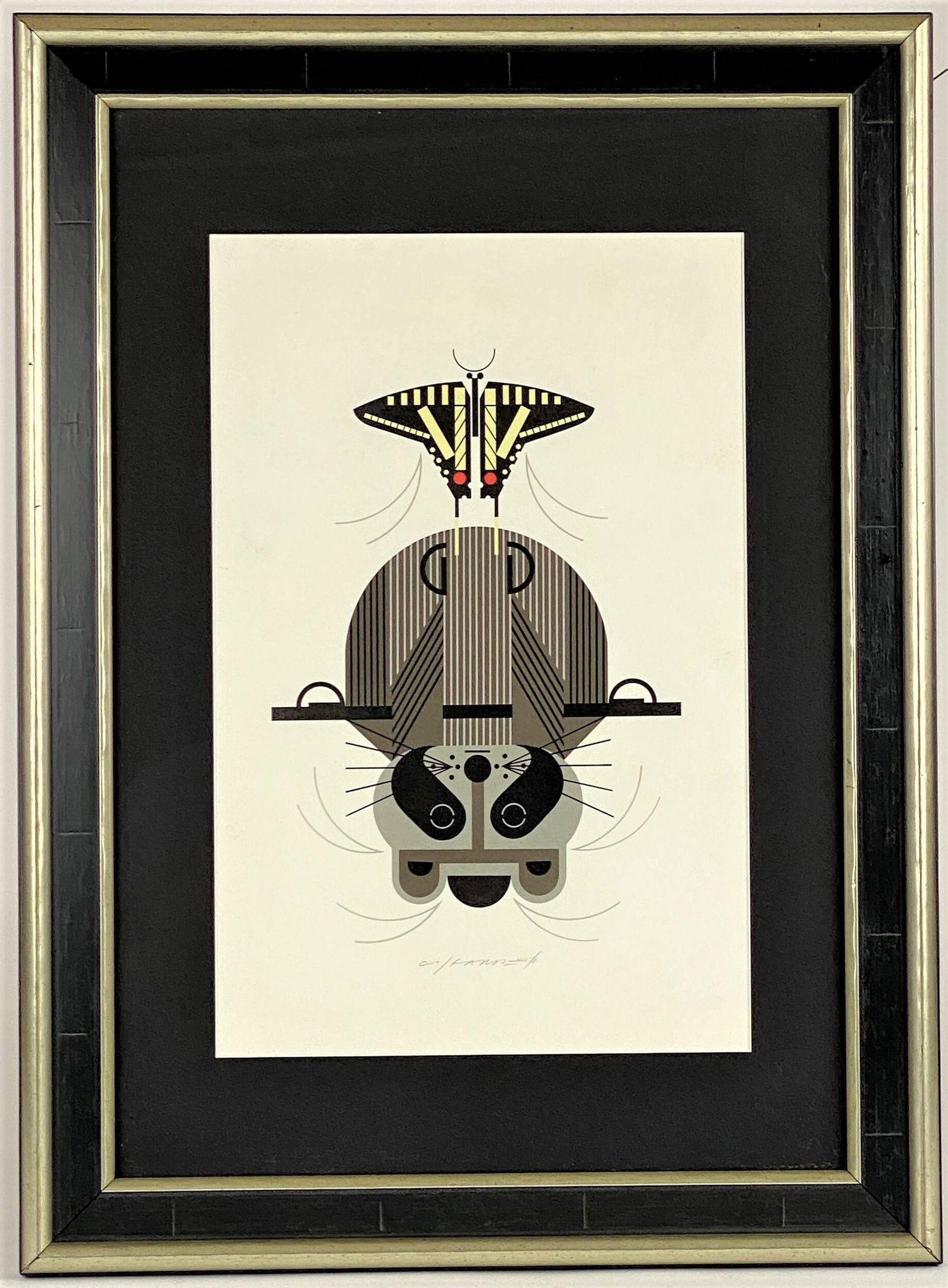 "Racrobat" by Charley Harper: Charley Harper (American/Cincinnati, 1922-2007). A silkscreen on paper, signed l.c., with artist's label to verso; 16" ht. x 10.25" wd. (sight), 24" ht. x 17" wd. (framed).