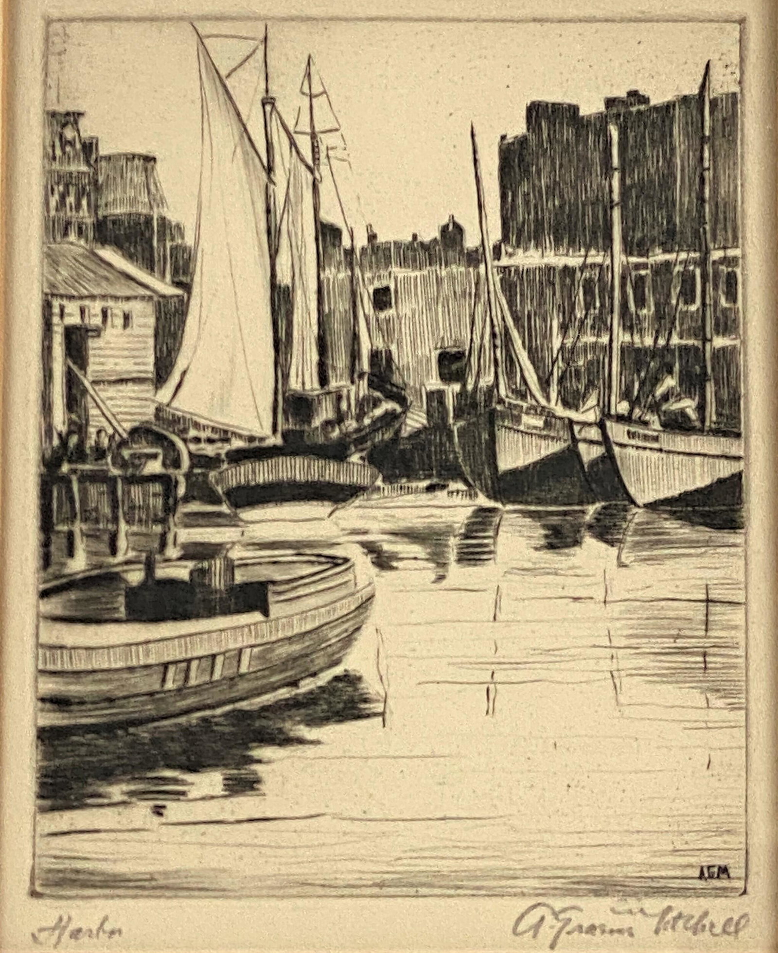 A. Graeme Mitchell (1889-1941), "Harbor": Etching on wove paper titled "Harbor" and signed in l.r. margin in pencil by the artist, originally purchased at Closson Gallery in Cincinnati evidenced by sticker and tag on rear; 5.5" ht. x 4.25" wd