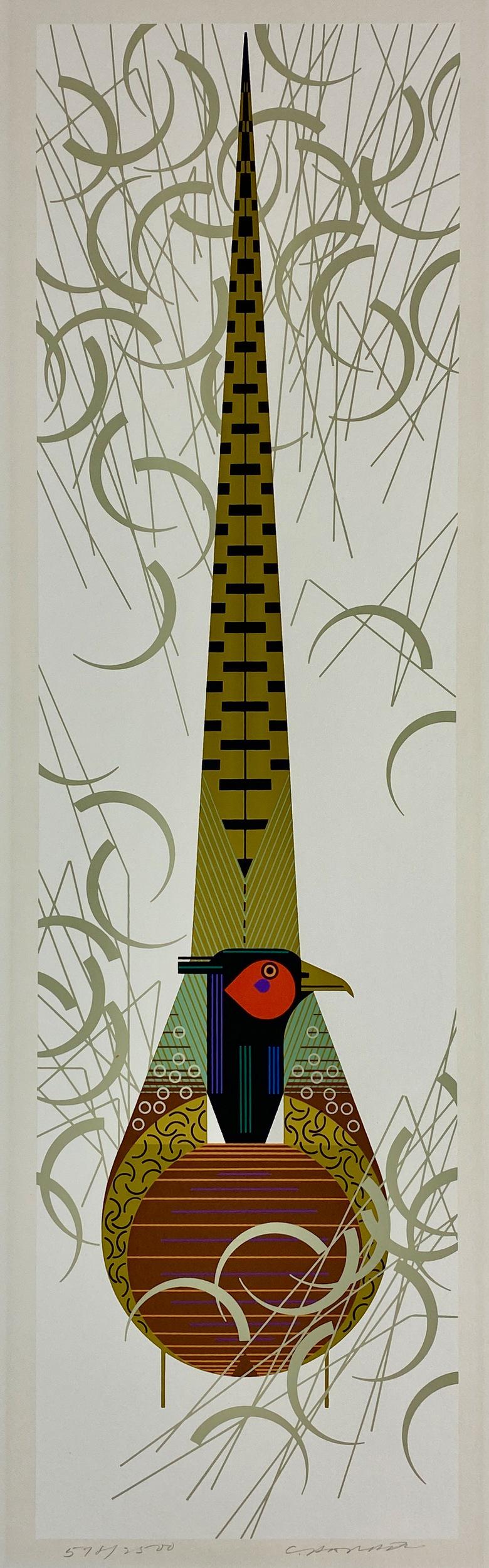 "Phancy Pheathers" by Charley Harper: Charley Harper (American/Cincinnati, 1922-12007), serigraph on paper, signed and numbered in margin, with Harper Publication stamp to lower left margin; 26" ht. x 7.25" wd. (plate size).