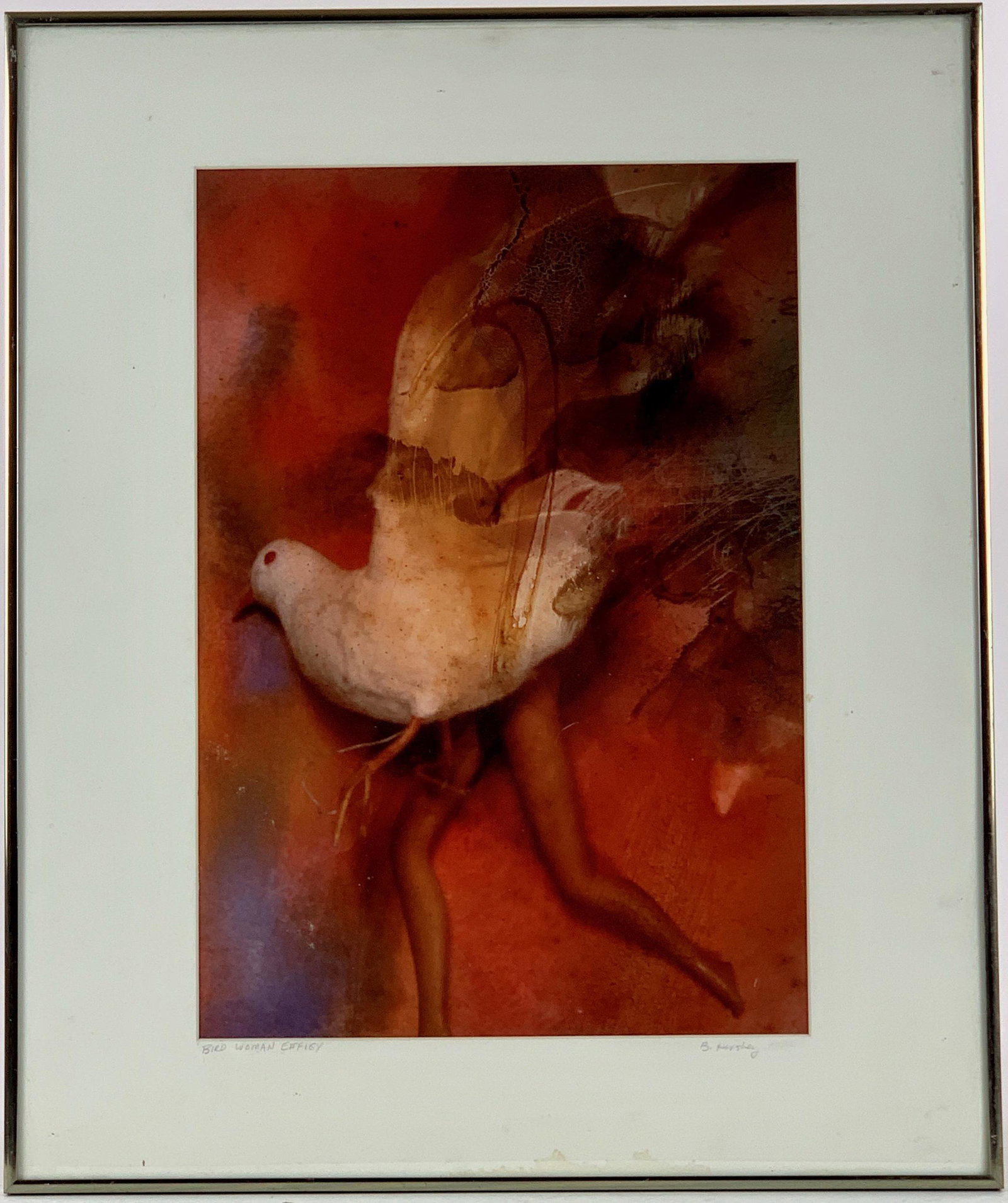 Barbara Hershey (American/Cincinnati, 1943-1992): Barbara Hershey (American/Cincinnati, 1943-1992) A silver gelatin painterly image of nude with pigeon; 18" x 12" (sight). Housed in frame and titled "Bird Woman Effigy" to verso. Signed to mat.Photogr