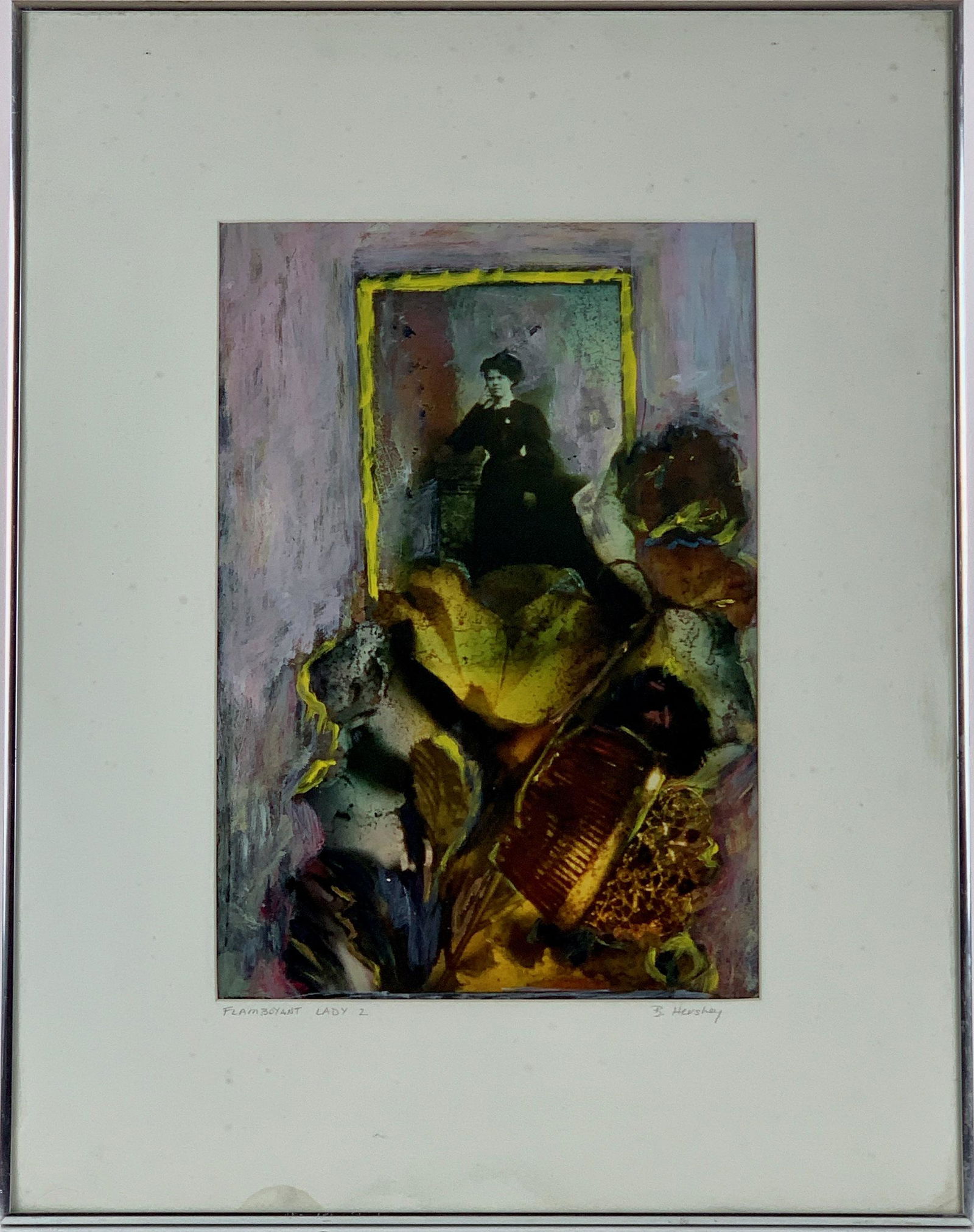 Barbara Hershey (American/Cincinnati, 1943-1992): Barbara Hershey (American/Cincinnati, 1943-1992) A silver gelatin image, collage and oil application by Barbara Hershey, depicting lady with accoutrements; 18" x 12" (sight).Photographer Barbara Hersh