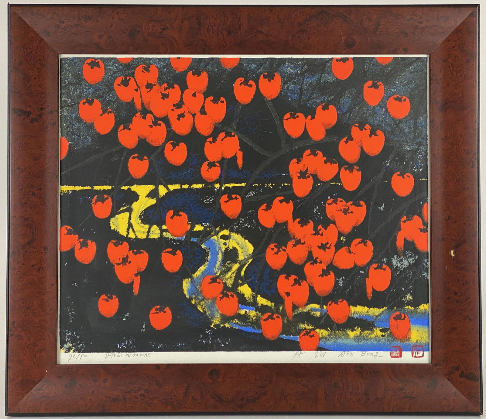 Bong-Kyu Ahn (Korean, b. 1938): Bong-Kyu Ahn (Korean, b. 1938) A woodblock in colors, titled "Persimmons" in the margin, limited to 70/90, dated and inscribed also to margin; 19.5" x 23.5" (sight), 26" x 30" (framed).