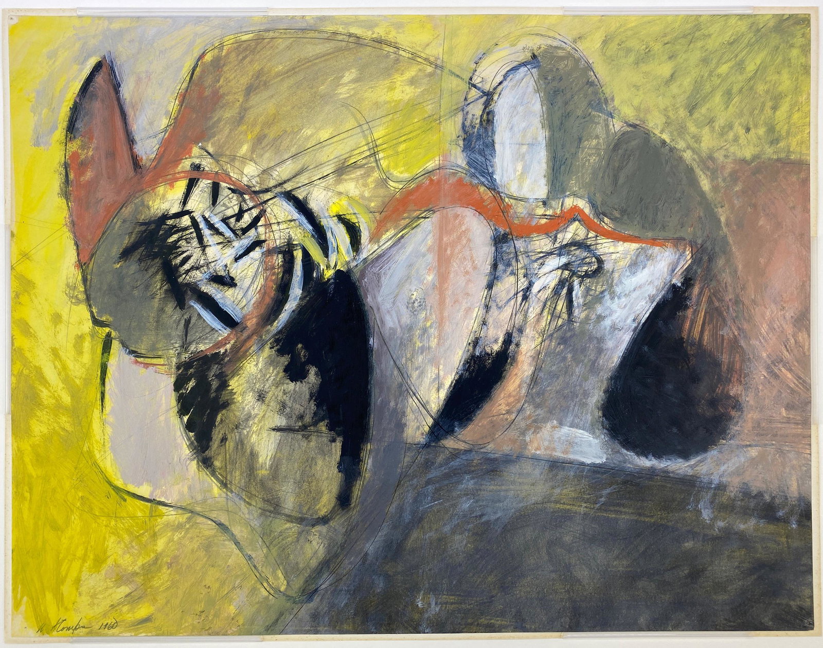 Modernist Oil on Paper by Walter Stomps, Jr.: Modernist Oil on Paper by Walter Stomps, Jr. Walter Stomps Jr. (American, 1929-2020). An oil on paper, modernist subject, signed and dated 1960 l.l.; 20" x 25.5" (sight). Matted.The late Water Stomps,