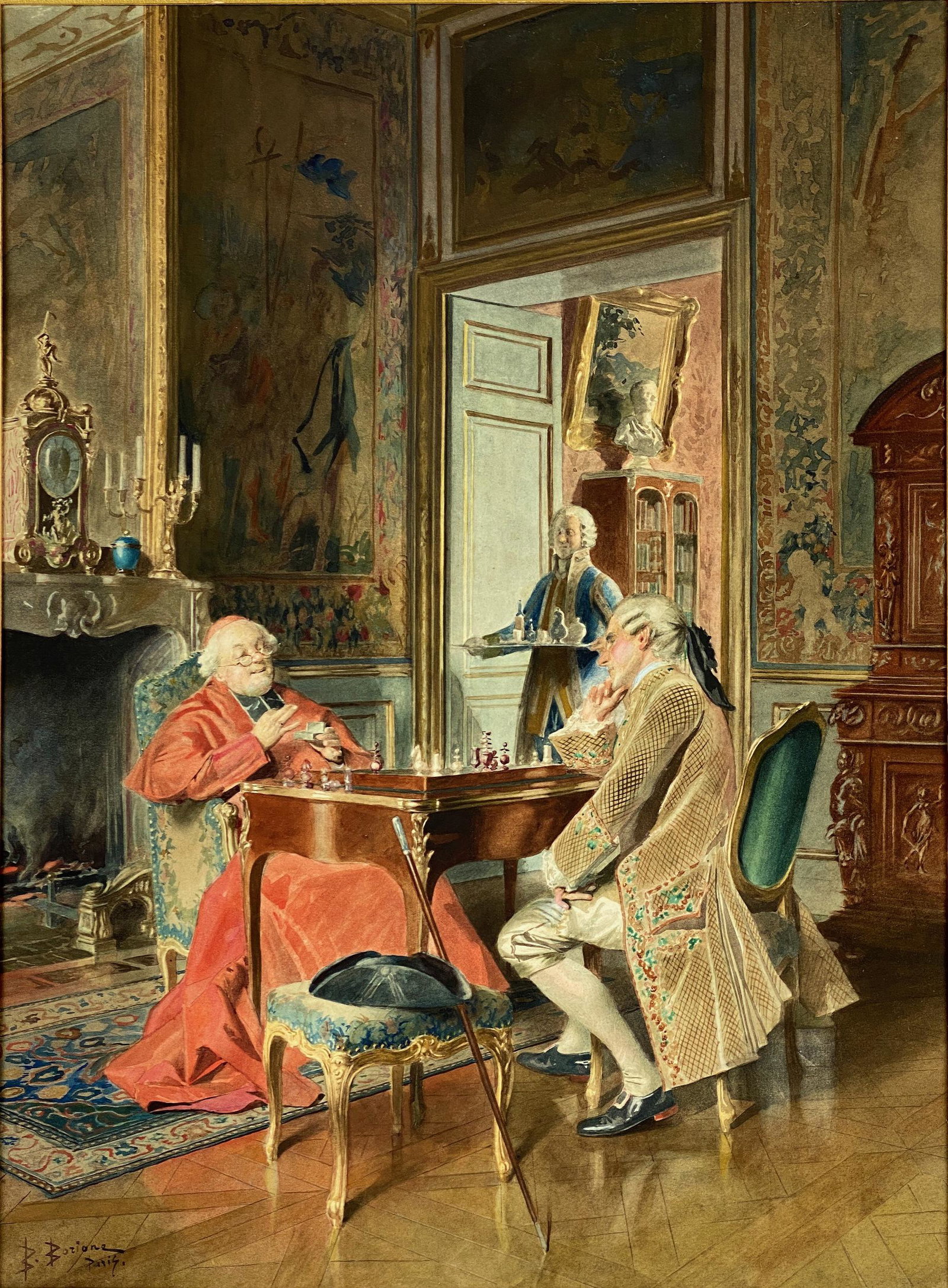 "Chess Game" by Bernard Louis Borione: Watercolor on paper, signed and inscribed "Paris", l.l. A popular subject for the artist, who was prone to depicting interior scenes, especially with Cardinals in leisure activity; 19" x 14" (sight).