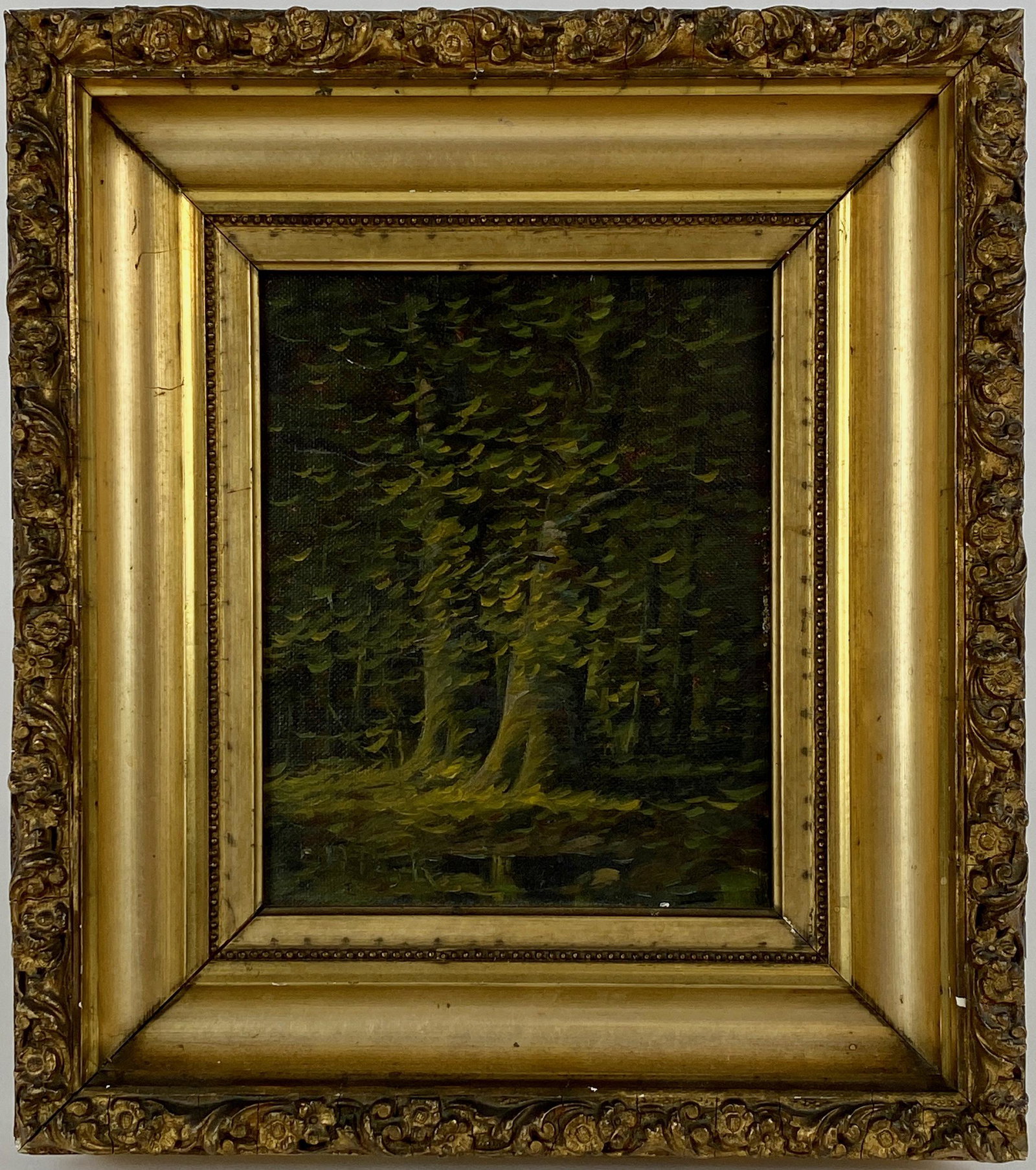 Louisville Oil in the Manner of Harvey Joiner: Oil on canvasboard, signed indistinctly lower right, in identical style to famed Louisville painter Harvey Joiner, and almost certainly a student, also housed in a similar gilt and gesso frame; 5.5" x