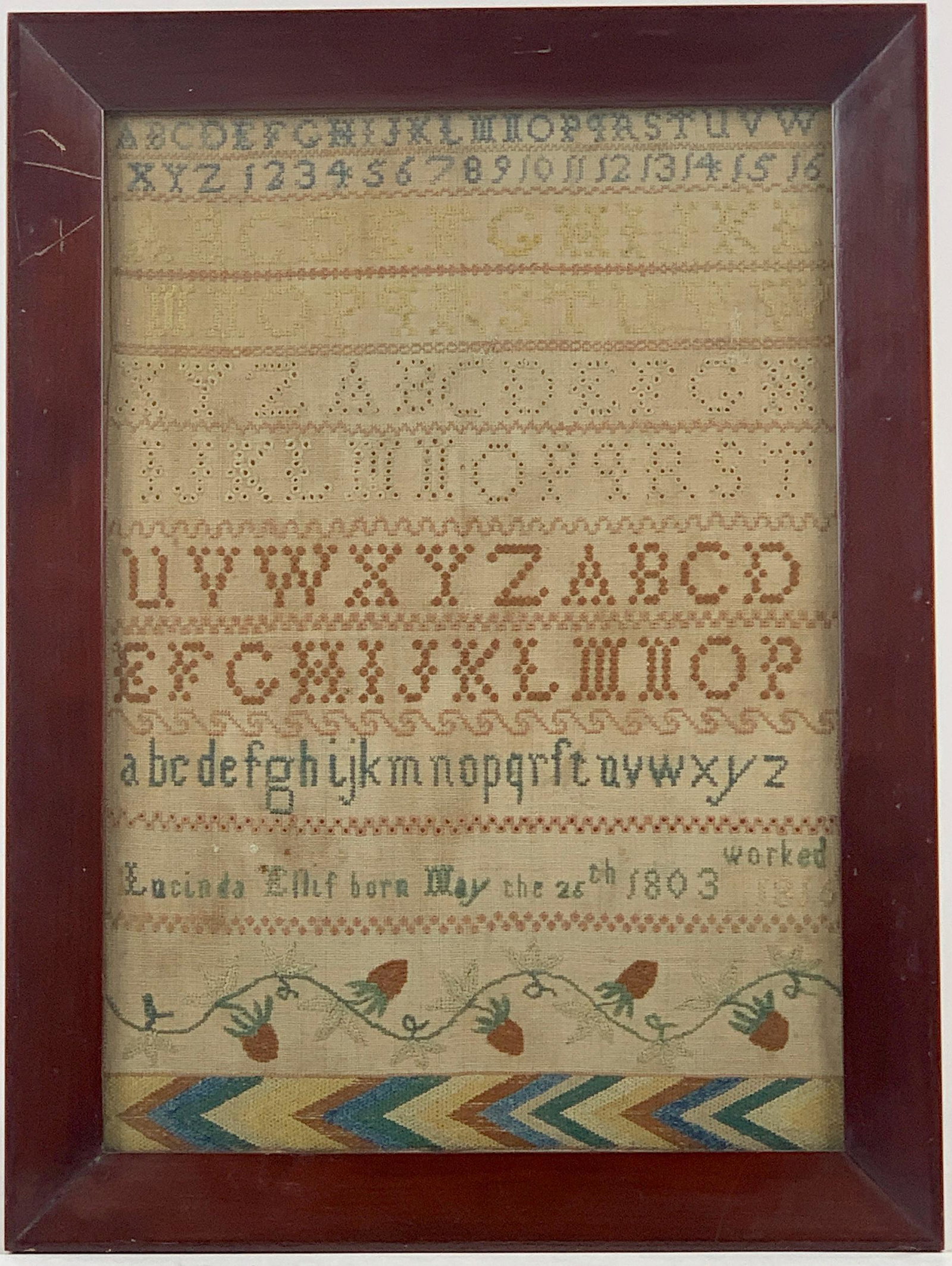 1816 American Sampler: A finely stitched sampler, "worked 1816" by thirteen year old Lucinda Ellis, numeral and alphabet pattern, with berry design and fine diminishing geometric pattern to underside; 15" x 11.5" (framed).