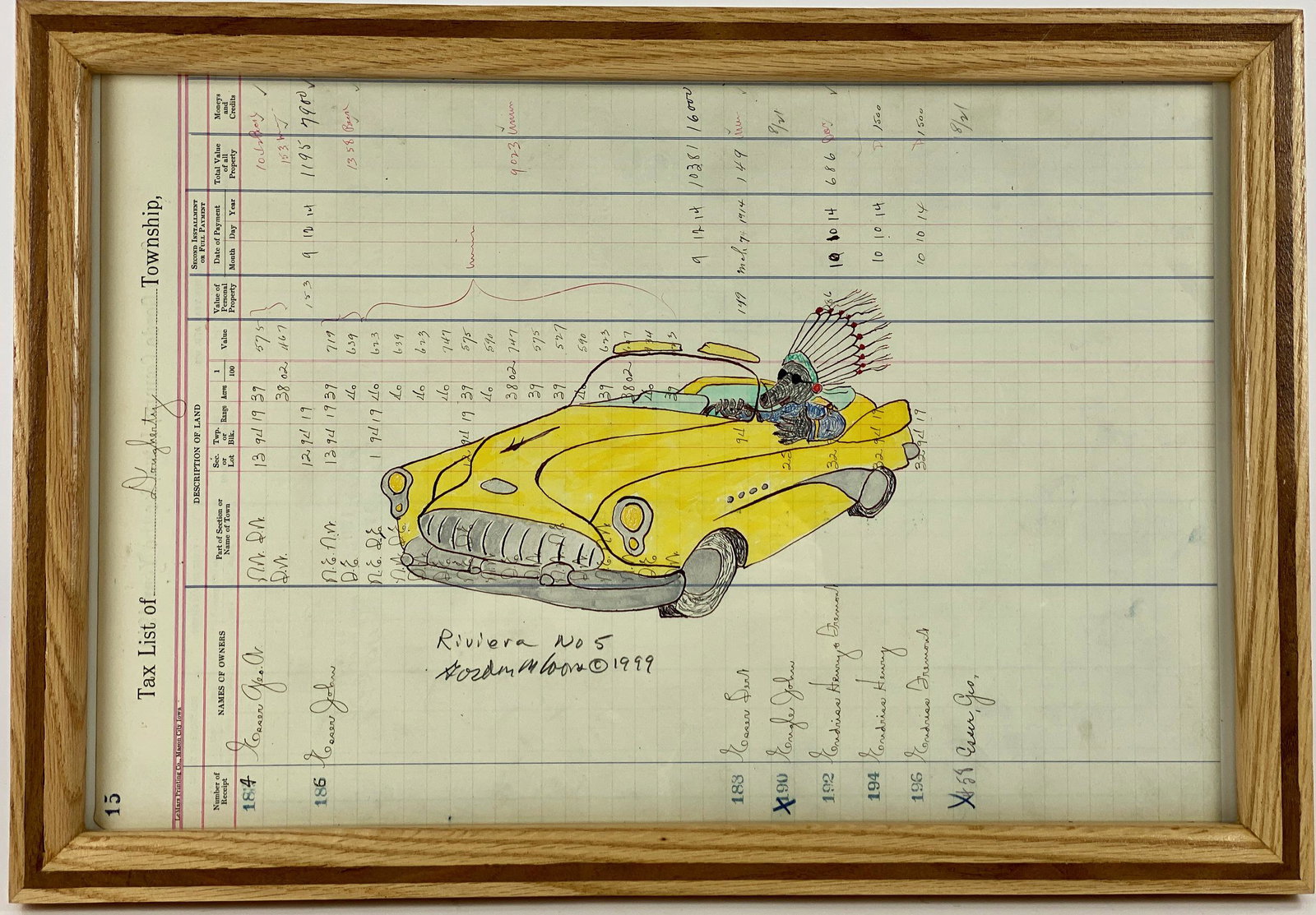 Folk Art Drawing on Old Tax List Document: Gordon M. Coons (American, 20th/21st Century), watercolor on paper; framed size: 13" ht. x 19" wd. From the collection of Dr. Gerald and Barbara Theisen, Georgetown, KY.