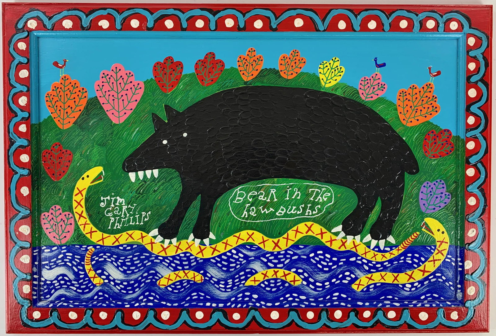 Jim Gary Phillips (KY), "Bear in the Hawbushs": Signed in middle left and on verso and titled in the center, the painting depicts a large black bear and snake, with a hand-painted frame. The entire construction was executed on an old door. 19" ht. 
