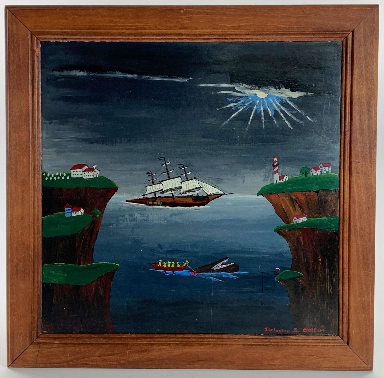 Brent Collinsworth (Kentucky), Whaling Scene: Folk art painting on board showing a dispatched whaling crew nabbing a surfaced beast of the sea, with a larger sailing vessel in the background and flanked by peninsulas with scenes on each, signed 